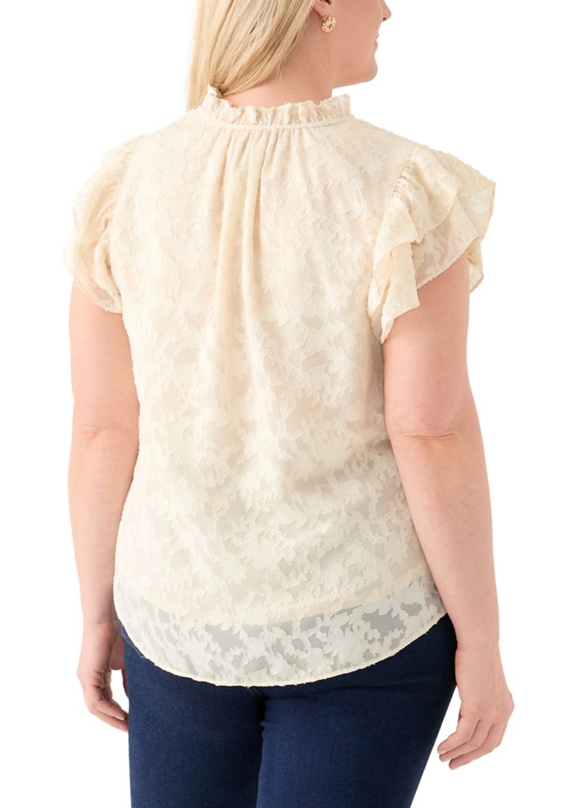 Plus Size Double Ruffle Sleeve Tie Front Blouse