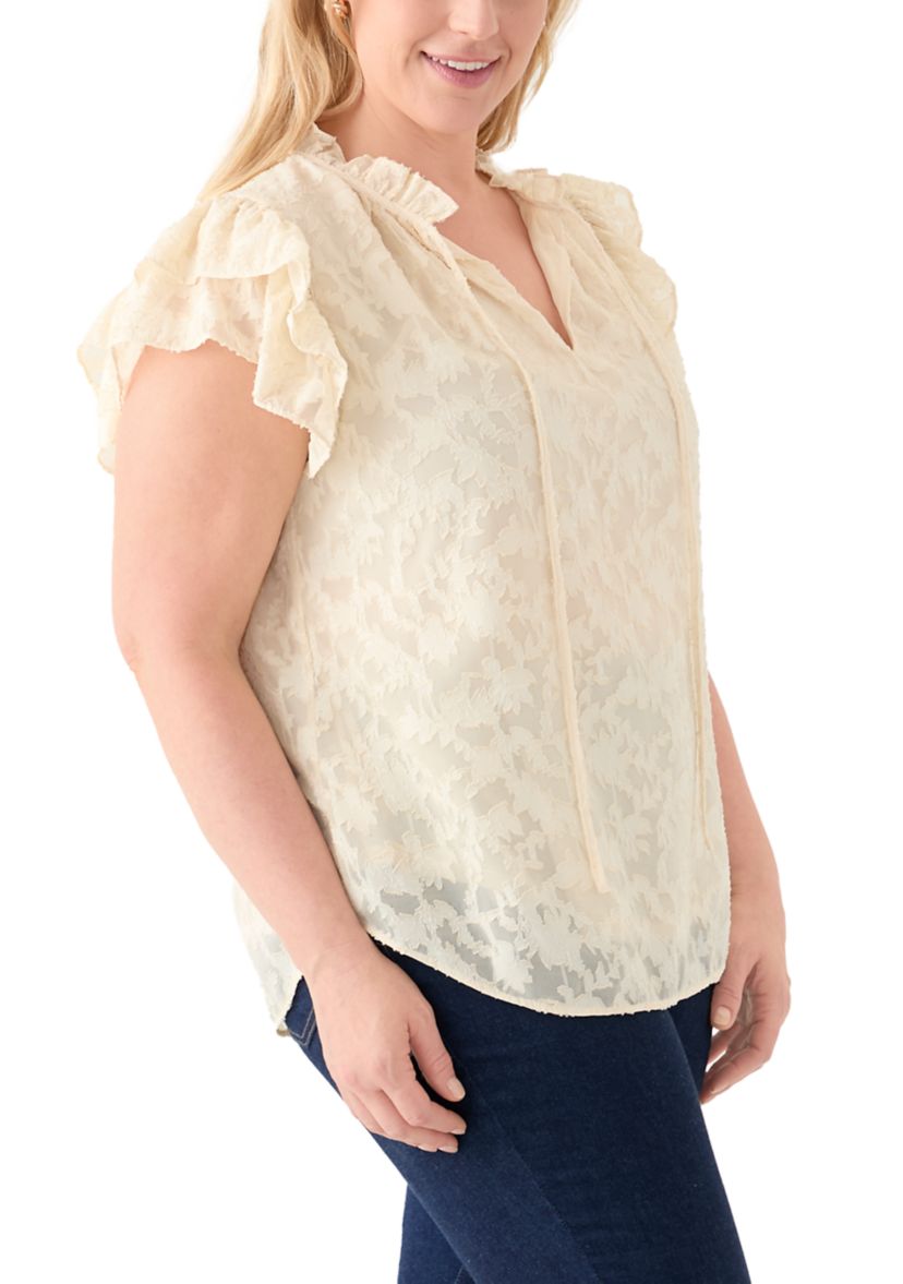Plus Size Double Ruffle Sleeve Tie Front Blouse