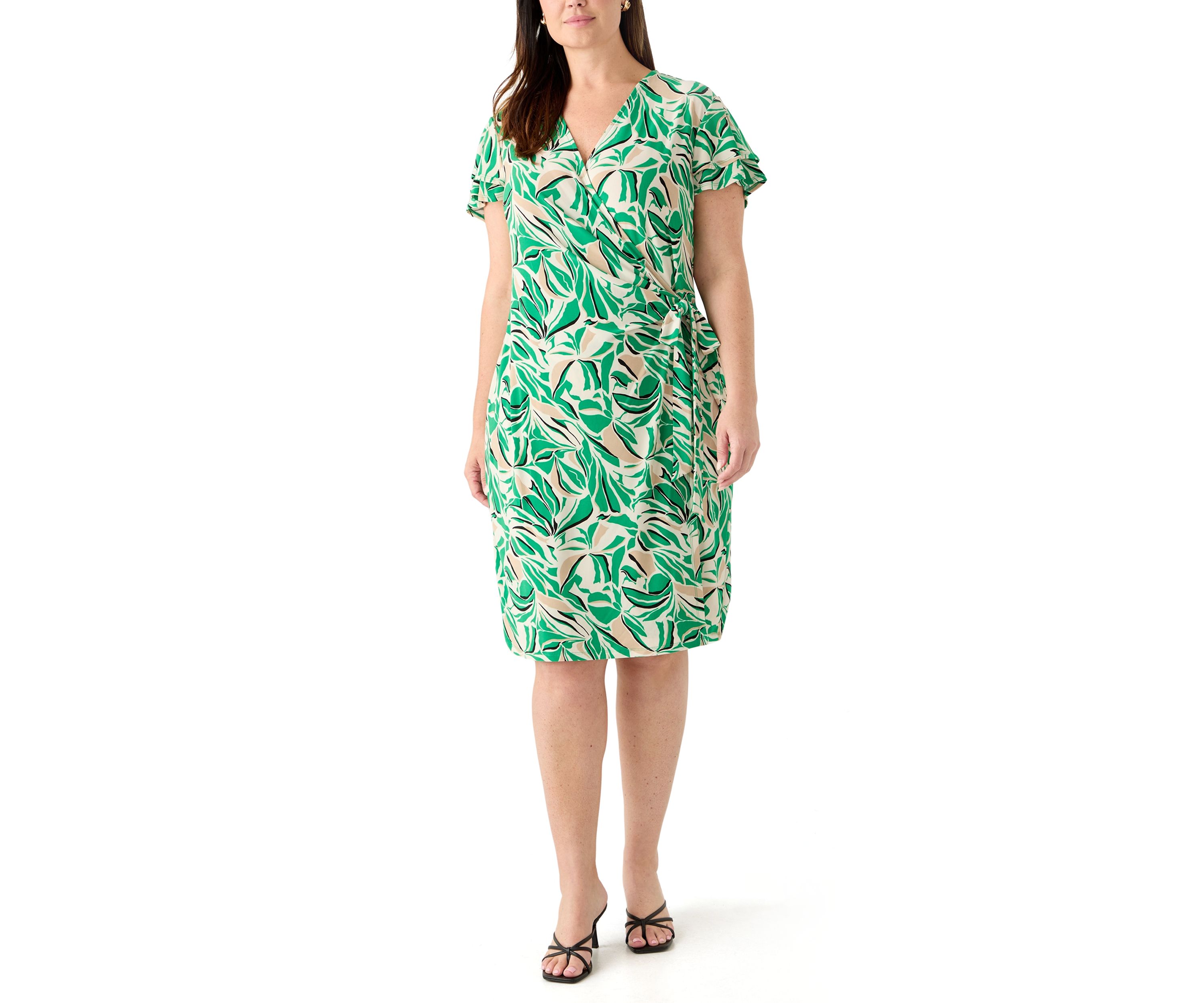 Plus Size Flutter Sleeve Classic Wrap Printed Dress