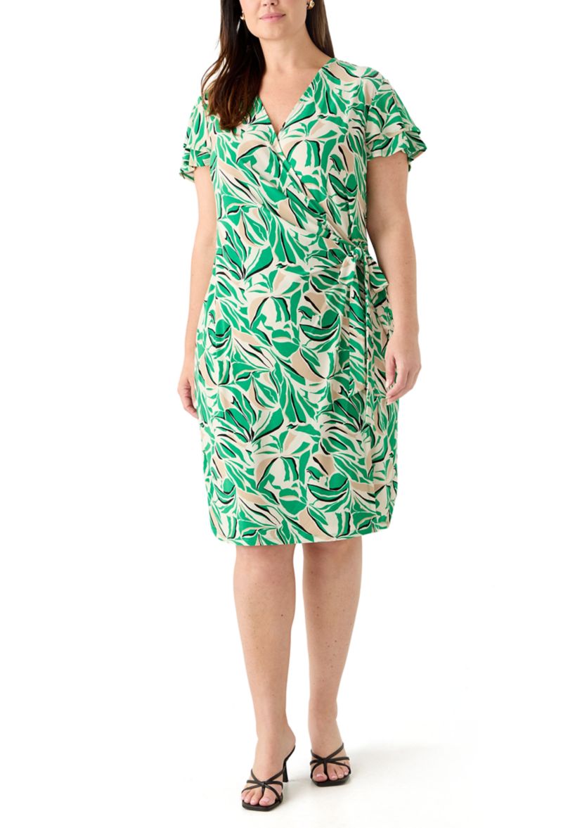 Plus Size Flutter Sleeve Classic Wrap Printed Dress