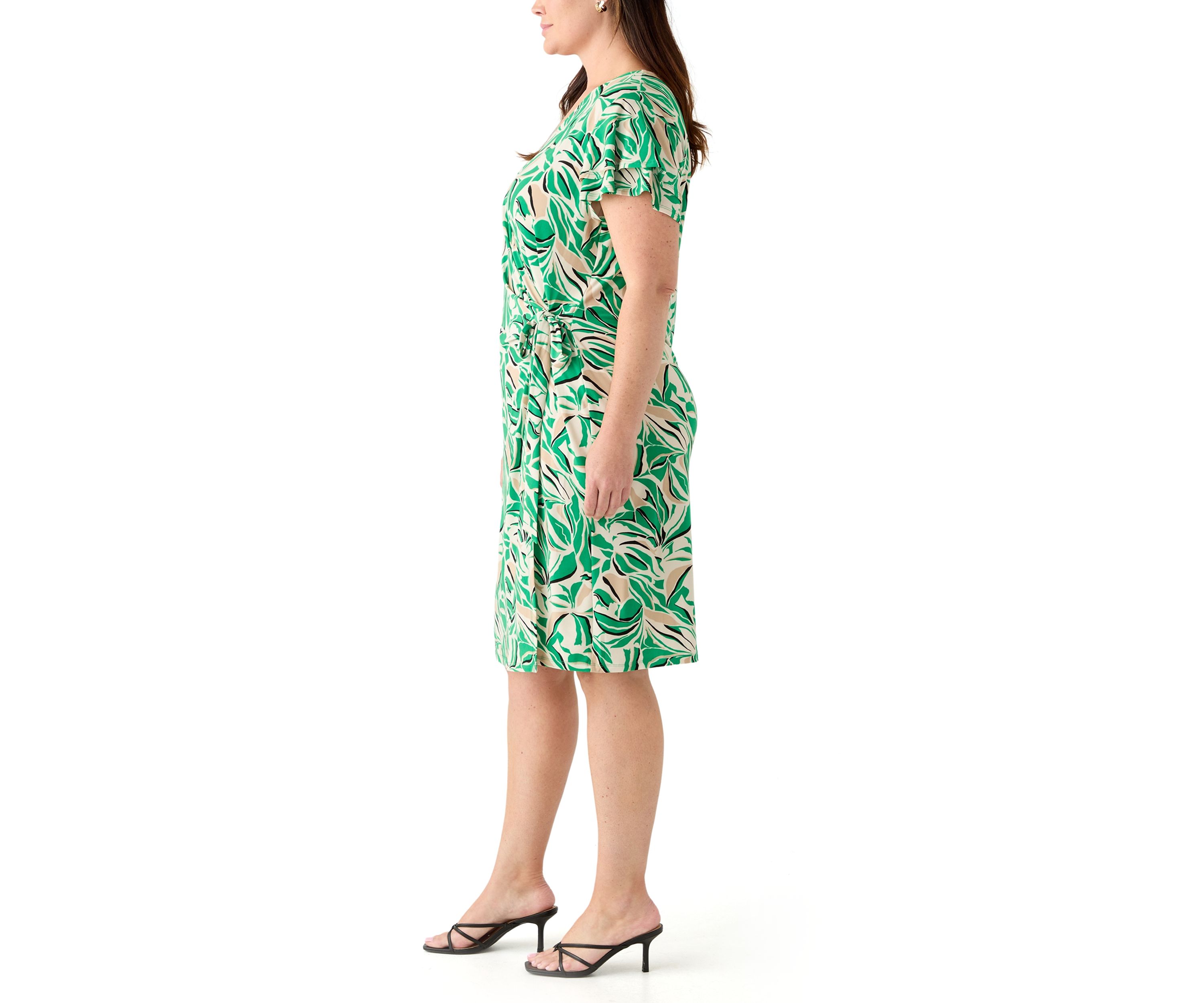 Plus Size Flutter Sleeve Classic Wrap Printed Dress