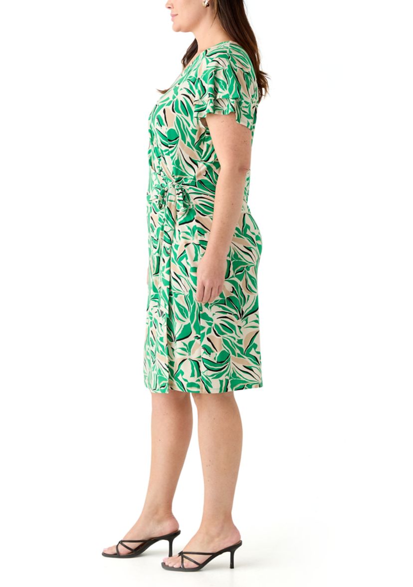 Plus Size Flutter Sleeve Classic Wrap Printed Dress