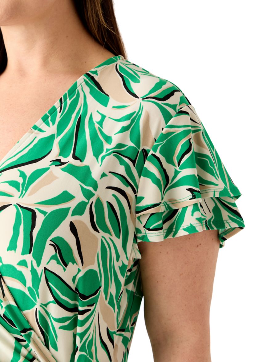 Plus Size Flutter Sleeve Classic Wrap Printed Dress