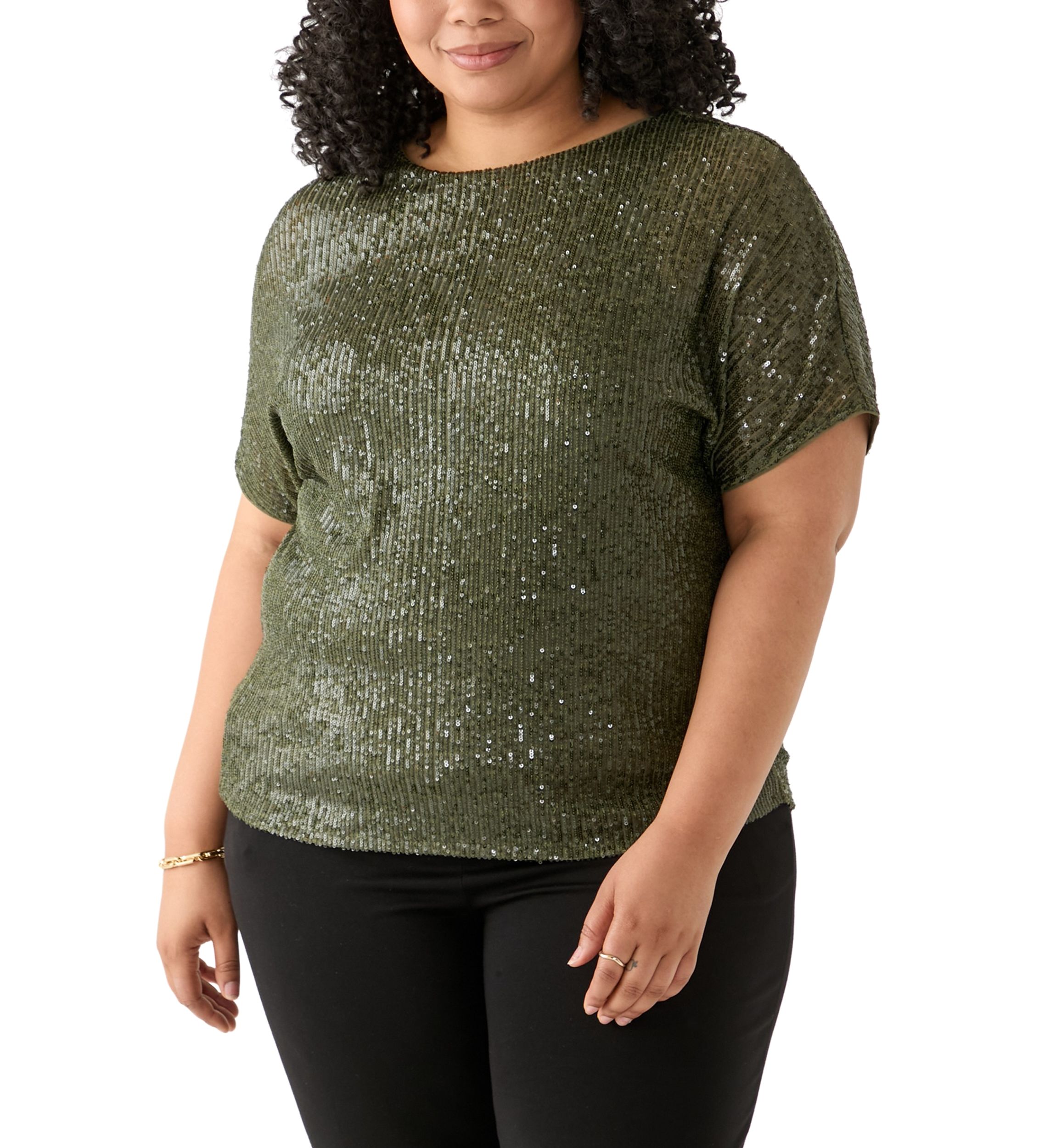 Plus Size Boat Neck Dolman Sleeve Sequin Mesh T-Shirt 