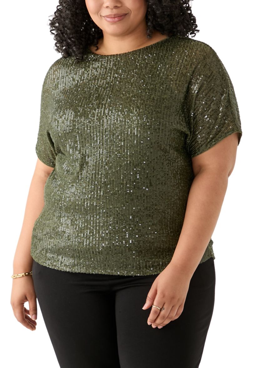 Plus Size Boat Neck Dolman Sleeve Sequin Mesh T-Shirt 