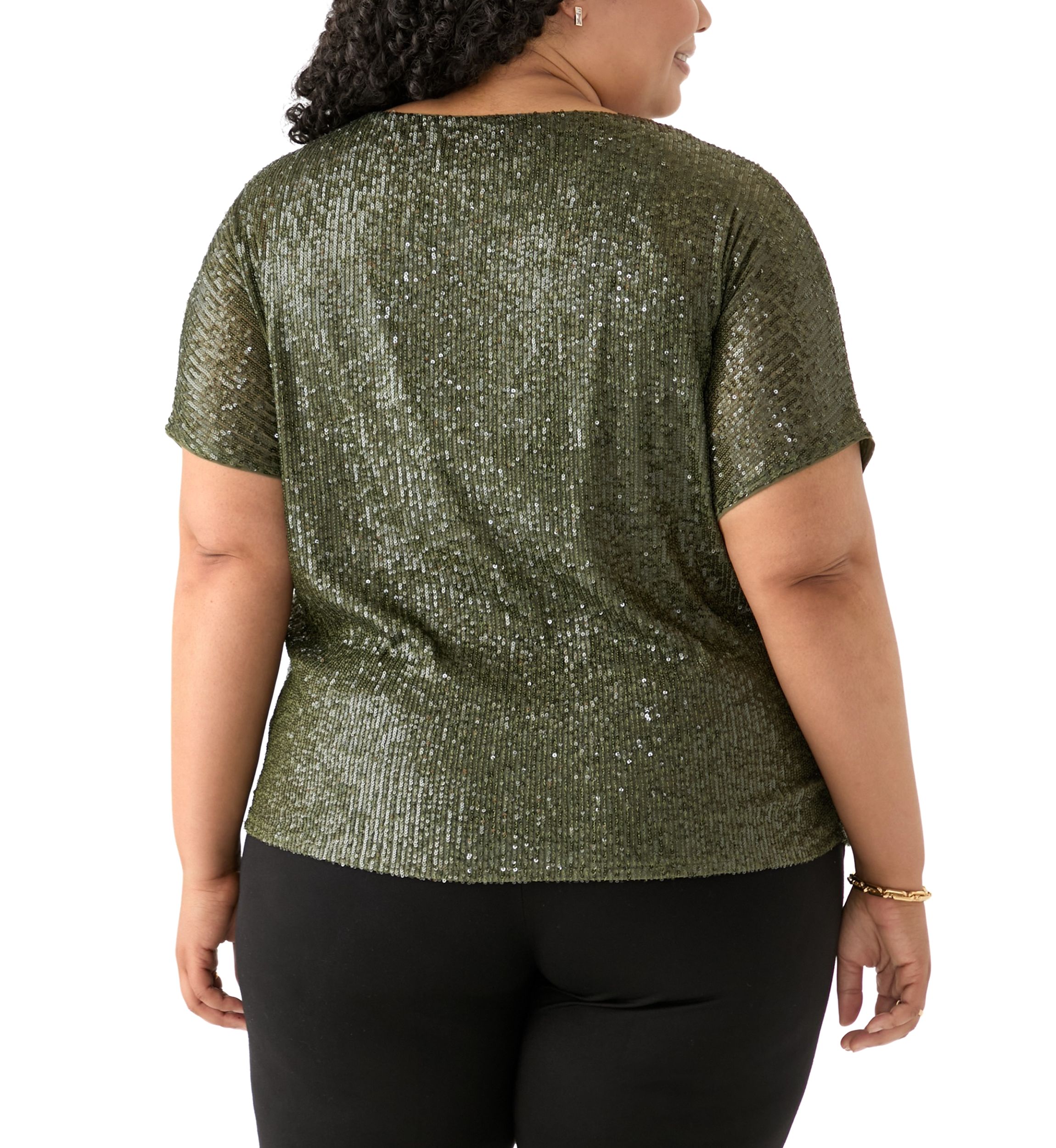 Plus Size Boat Neck Dolman Sleeve Sequin Mesh T-Shirt 