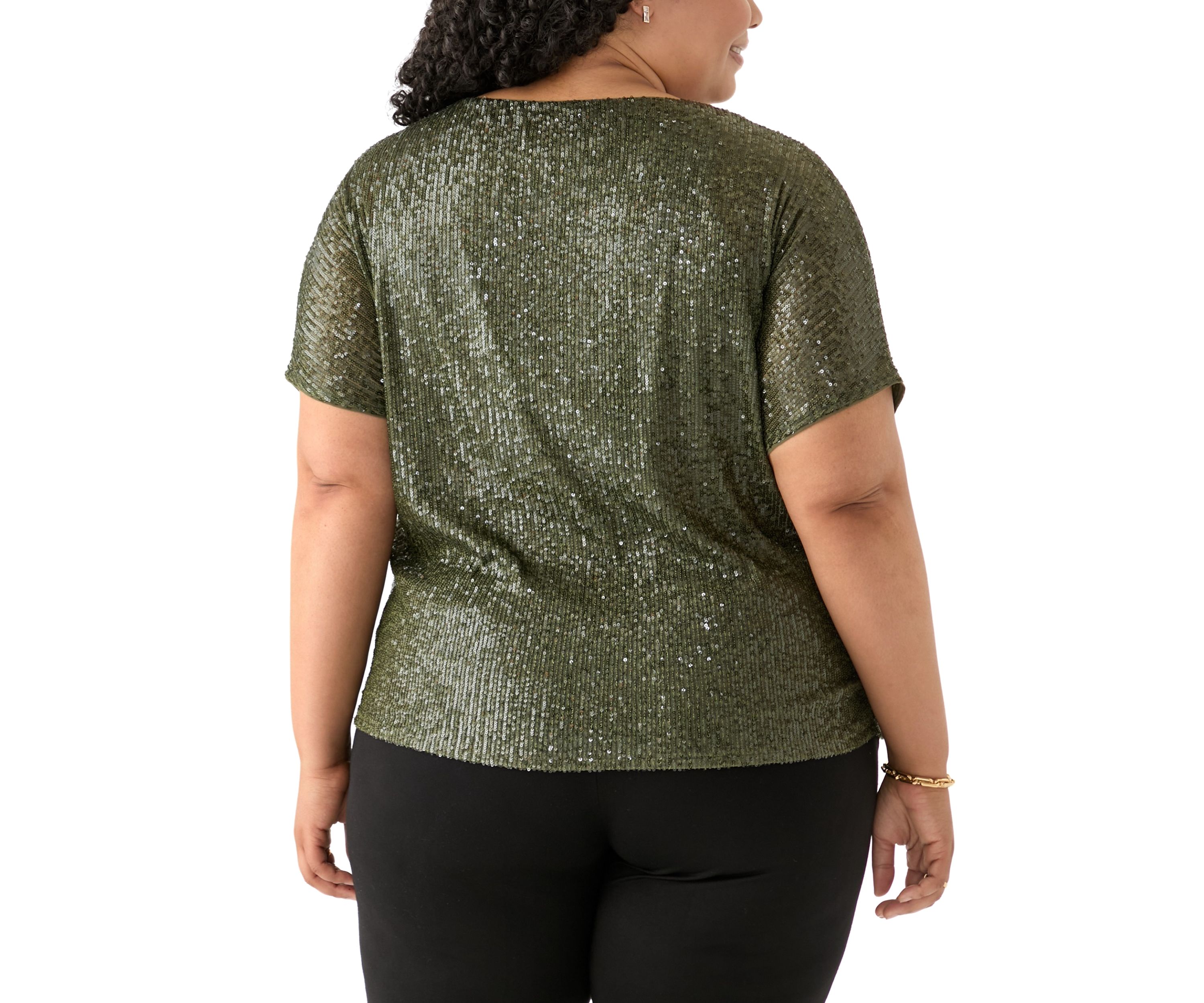 Plus Size Boat Neck Dolman Sleeve Sequin Mesh T-Shirt 