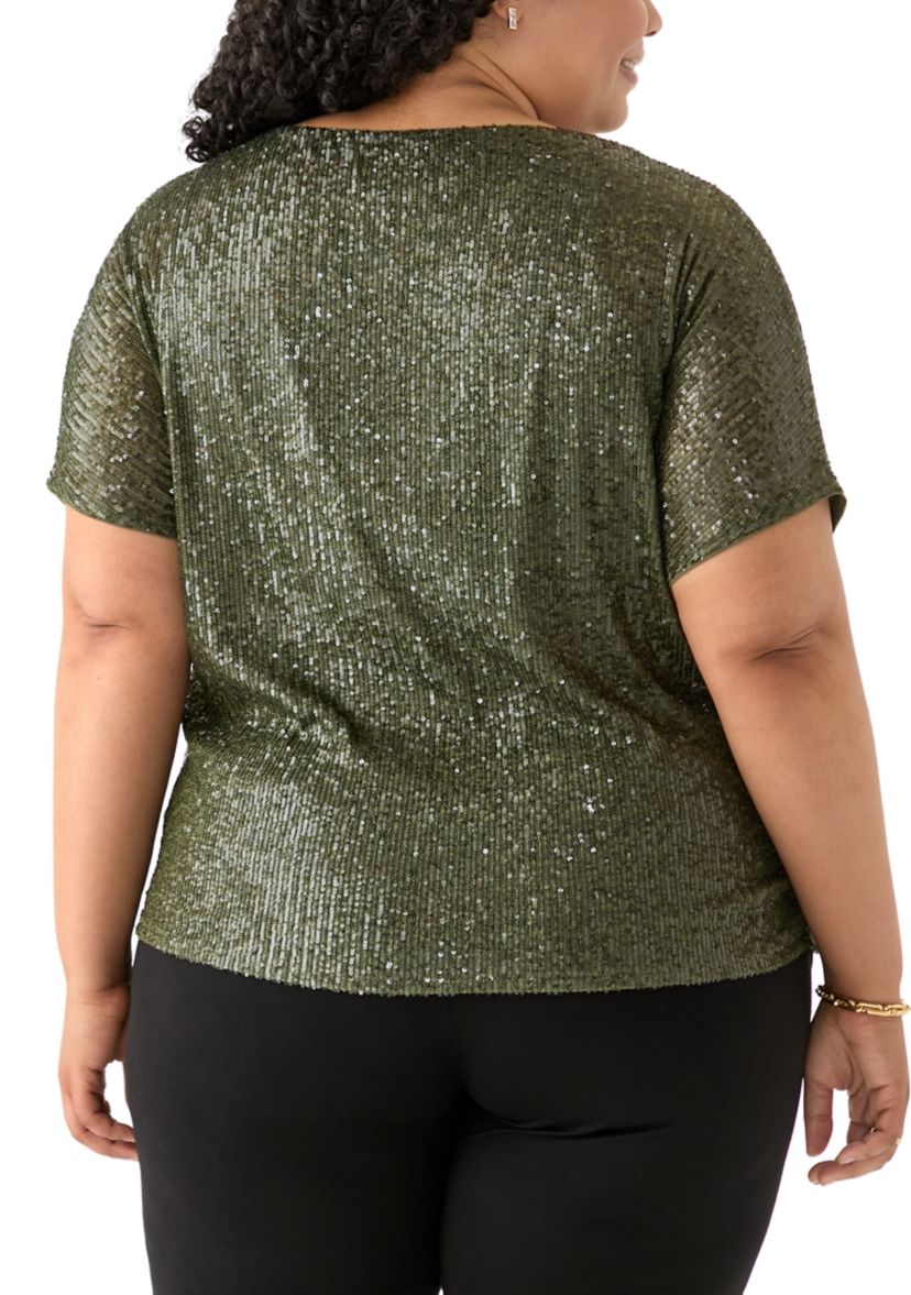 Plus Size Boat Neck Dolman Sleeve Sequin Mesh T-Shirt 