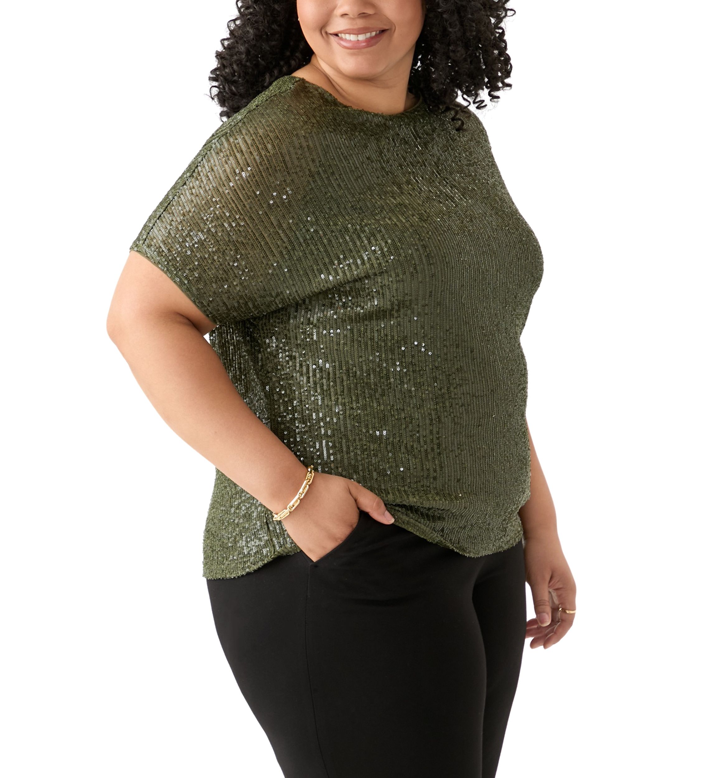 Plus Size Boat Neck Dolman Sleeve Sequin Mesh T-Shirt 