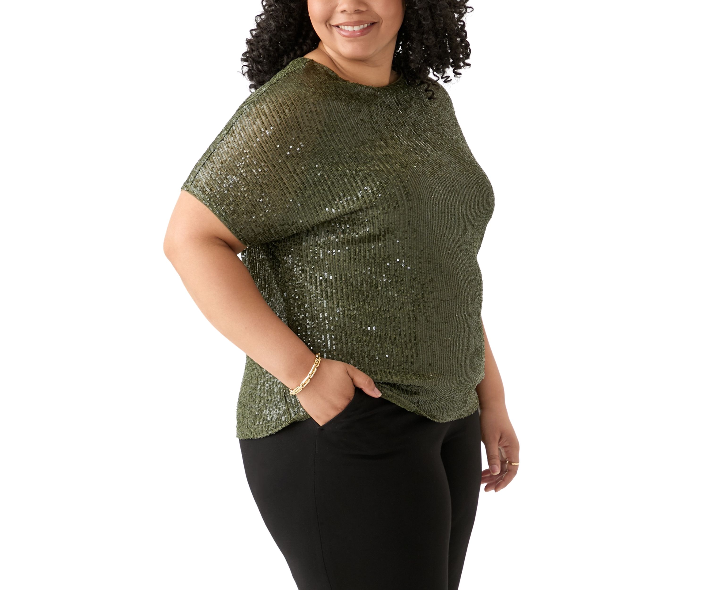 Plus Size Boat Neck Dolman Sleeve Sequin Mesh T-Shirt 
