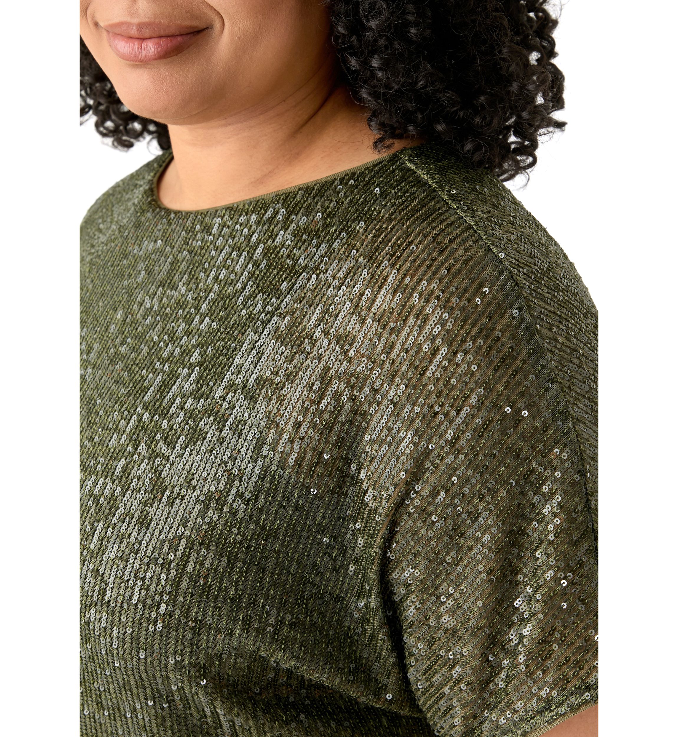 Plus Size Boat Neck Dolman Sleeve Sequin Mesh T-Shirt 