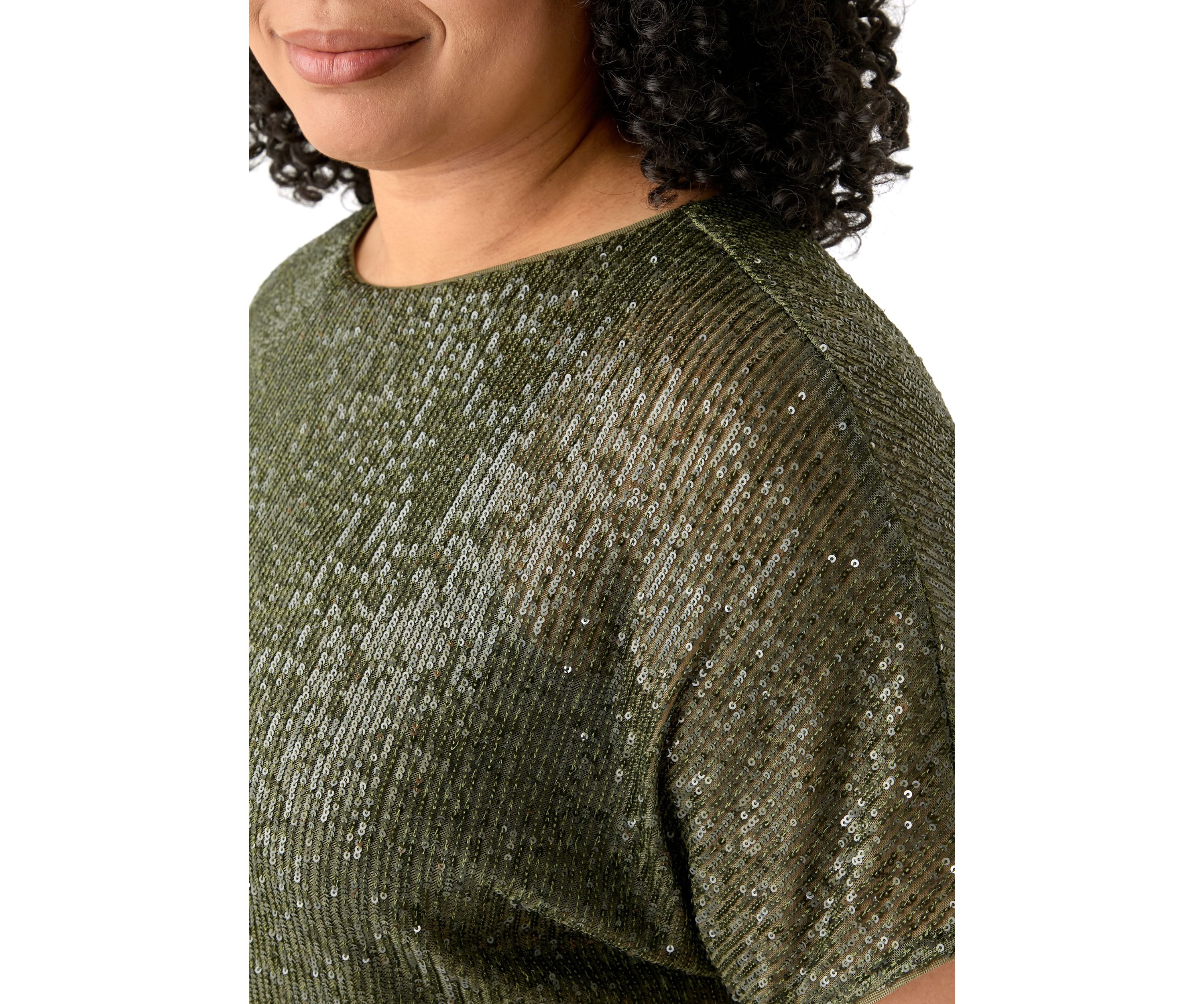 Plus Size Boat Neck Dolman Sleeve Sequin Mesh T-Shirt 