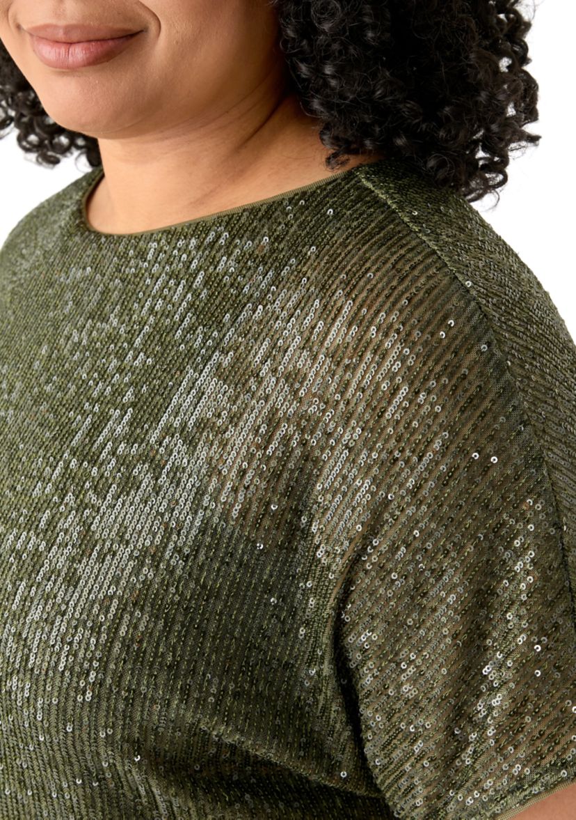 Plus Size Boat Neck Dolman Sleeve Sequin Mesh T-Shirt 