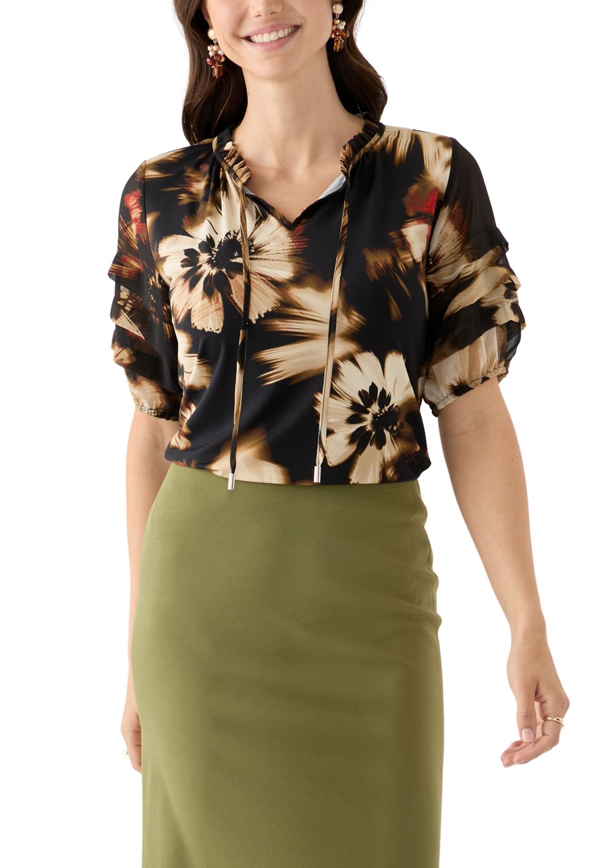 Womens Elbow Sleeve Printed Mixed Media Top 