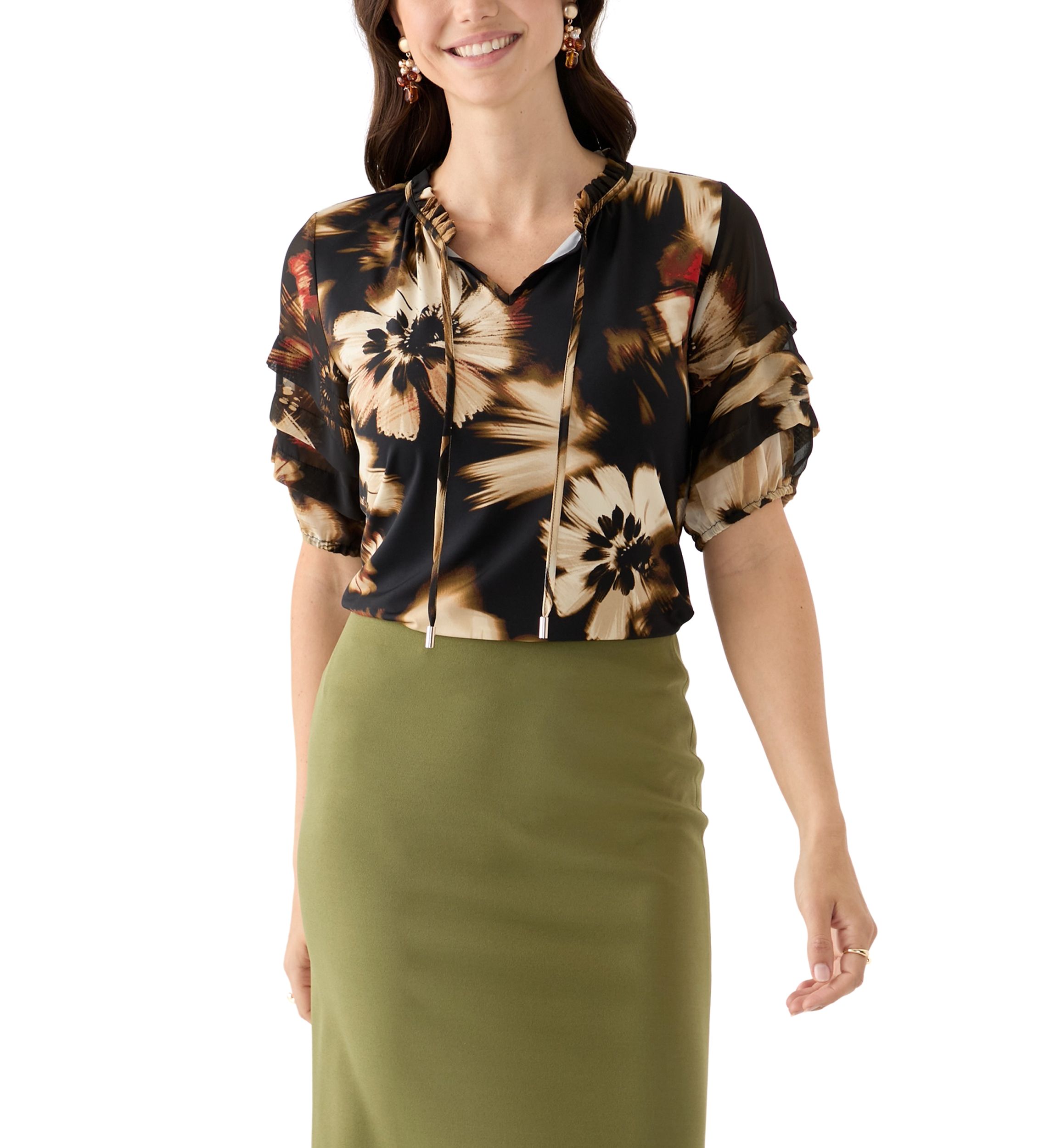 Womens Elbow Sleeve Printed Mixed Media Top 