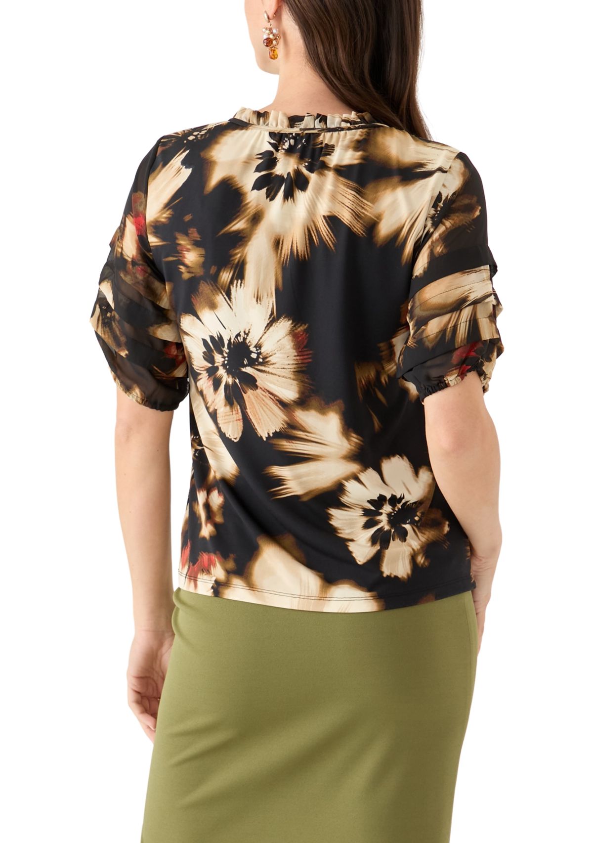 Womens Elbow Sleeve Printed Mixed Media Top 