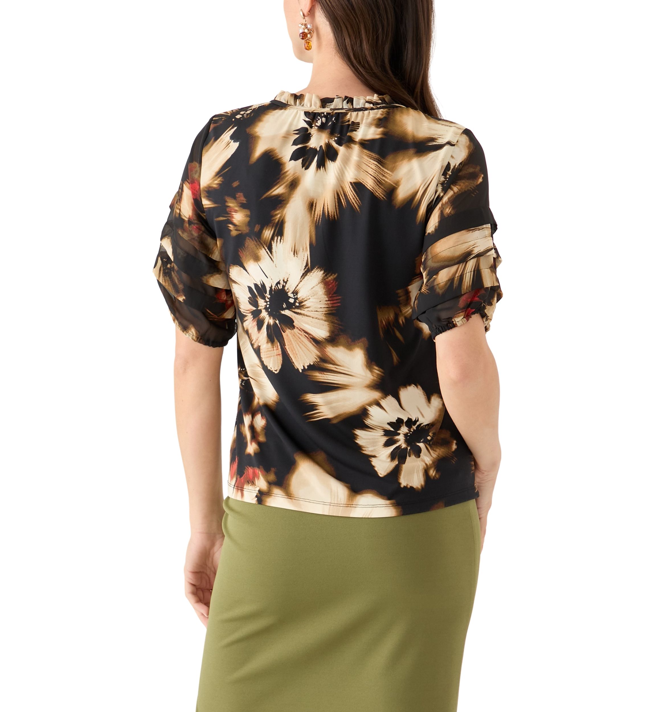 Womens Elbow Sleeve Printed Mixed Media Top 