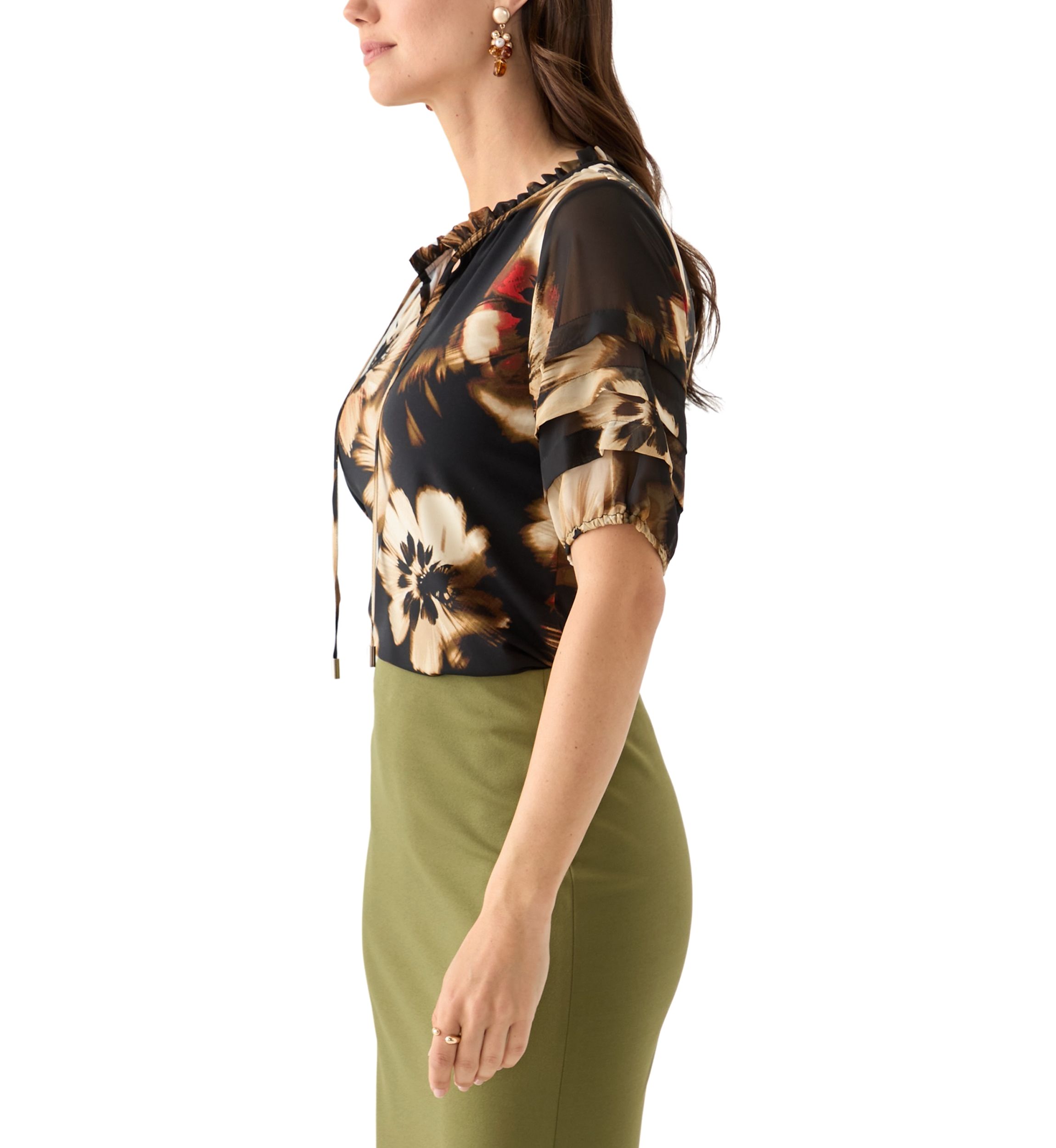 Womens Elbow Sleeve Printed Mixed Media Top 