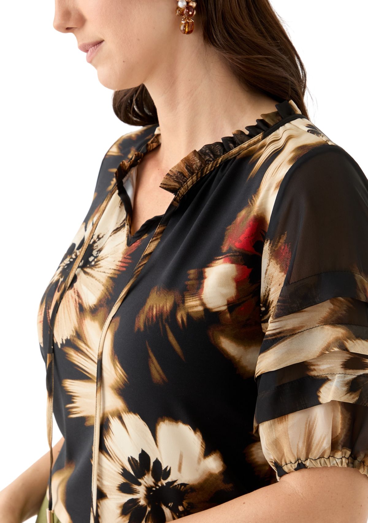Womens Elbow Sleeve Printed Mixed Media Top 