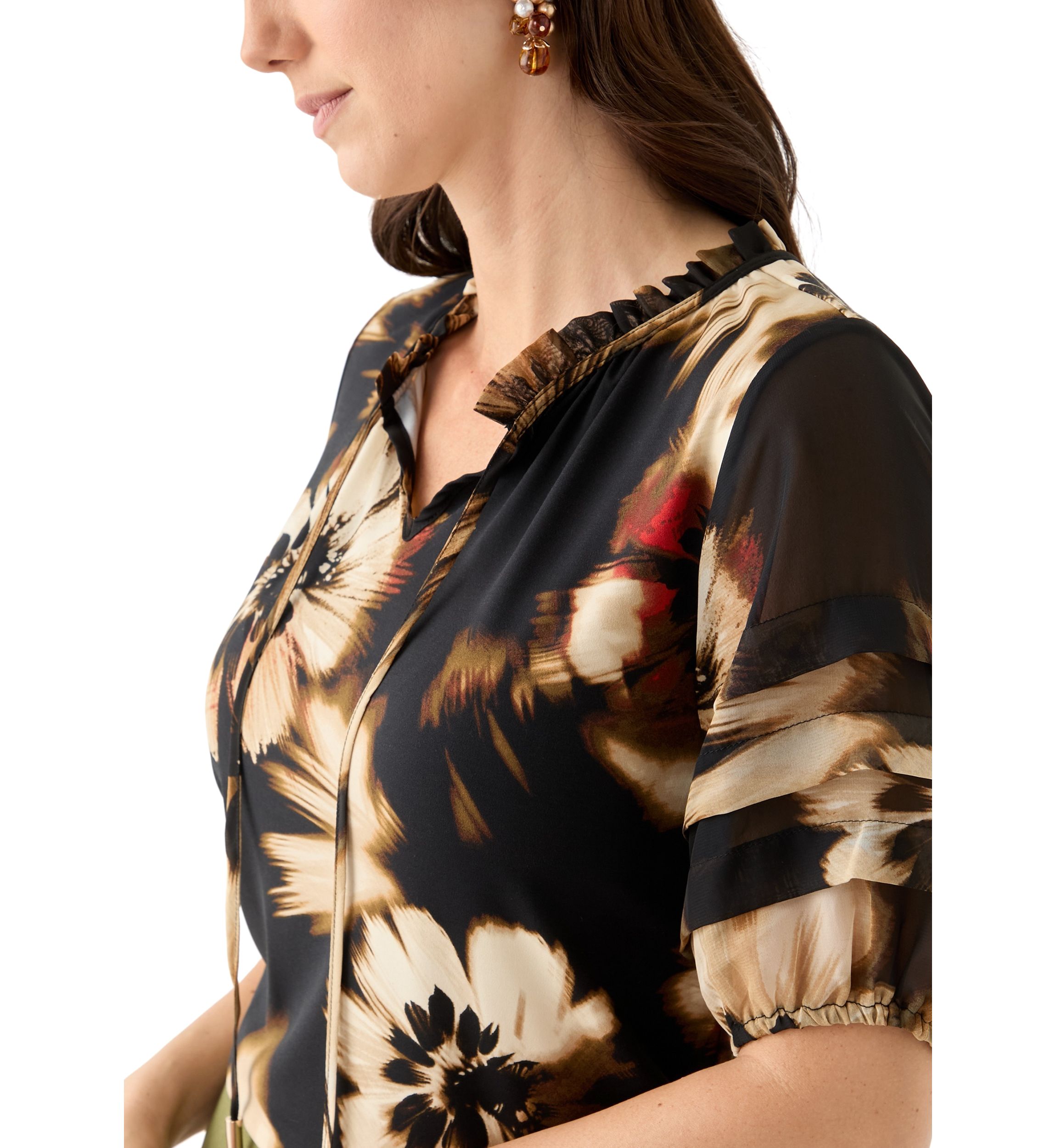 Womens Elbow Sleeve Printed Mixed Media Top 