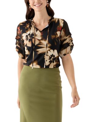 Anne Klein Women's Petite Elbow Sleeve Floral Top, Black, PS