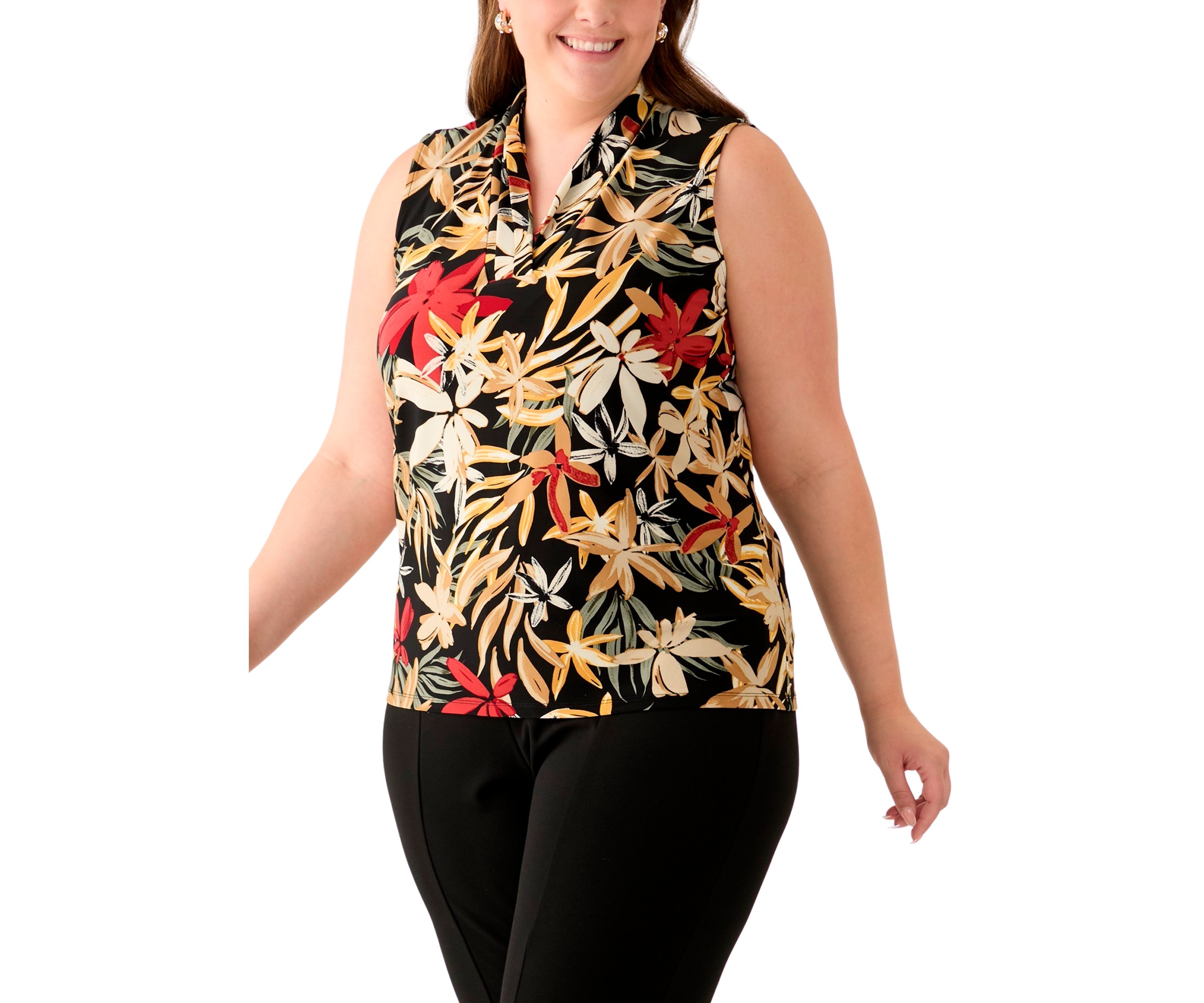 Plus Size Sleeveless Printed Triple Pleat Blouse