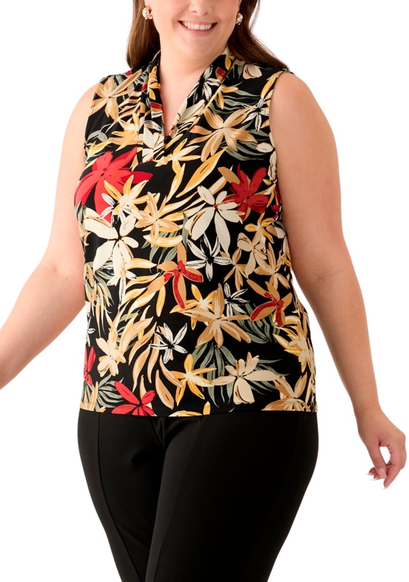 Plus Size Sleeveless Printed Triple Pleat Blouse