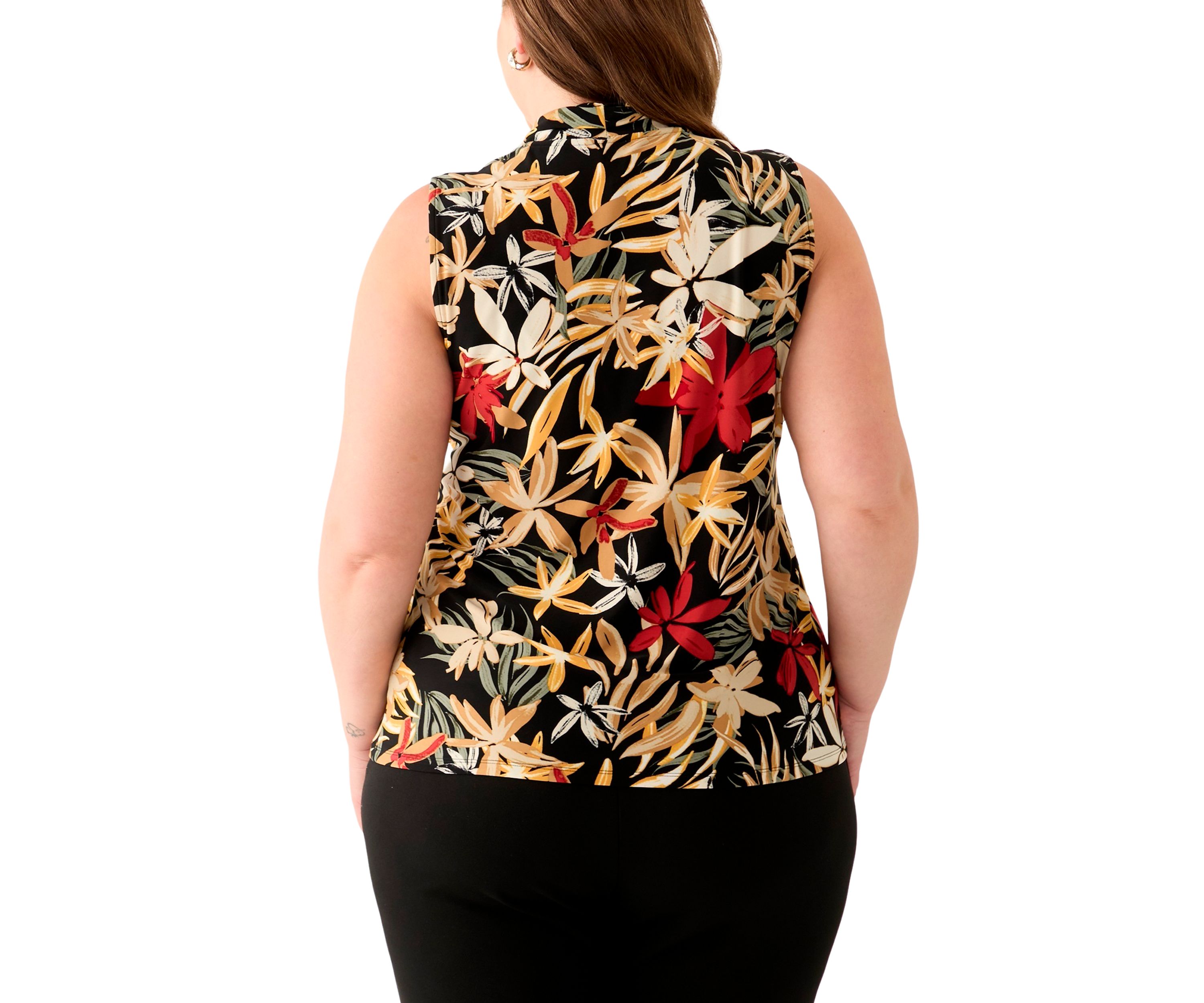Plus Size Sleeveless Printed Triple Pleat Blouse