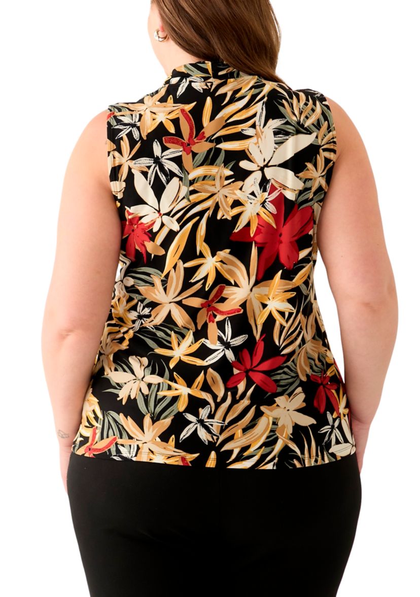 Plus Size Sleeveless Printed Triple Pleat Blouse