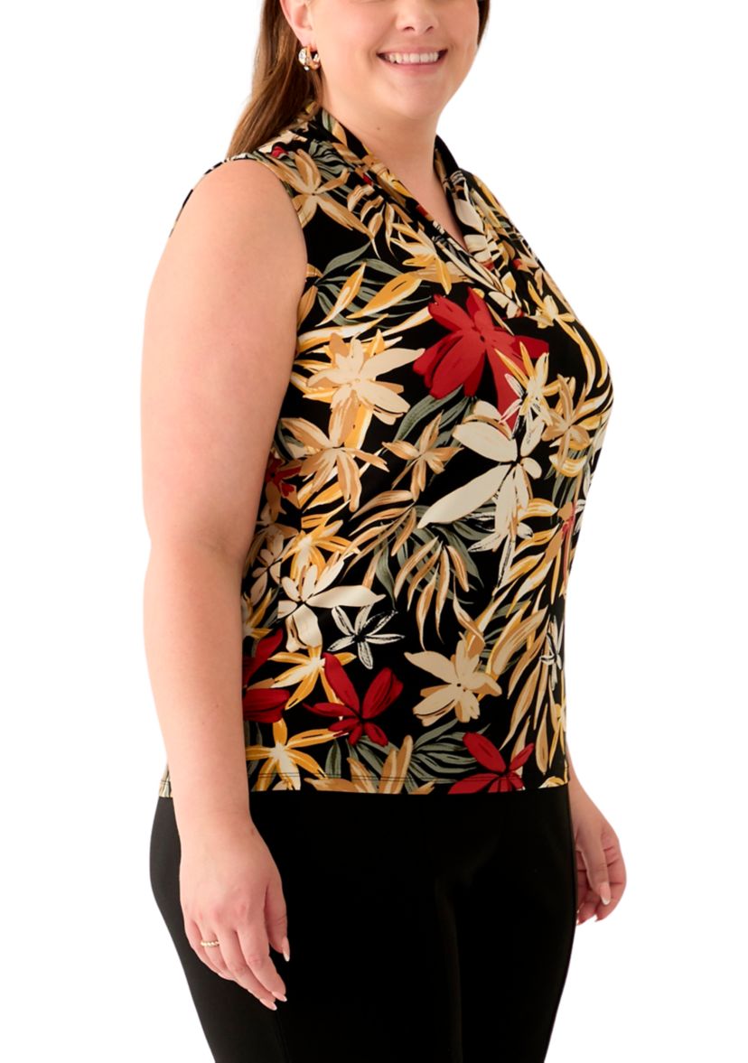 Plus Size Sleeveless Printed Triple Pleat Blouse