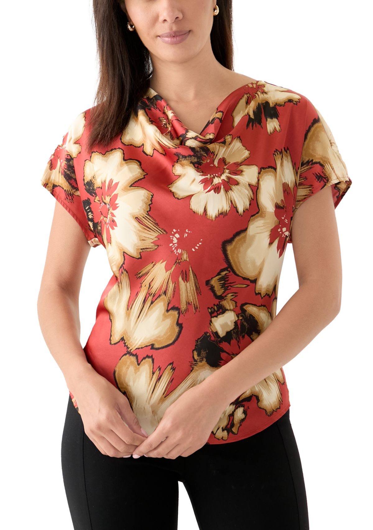 Womens Short Sleeve Printed Cowl Neck Top 