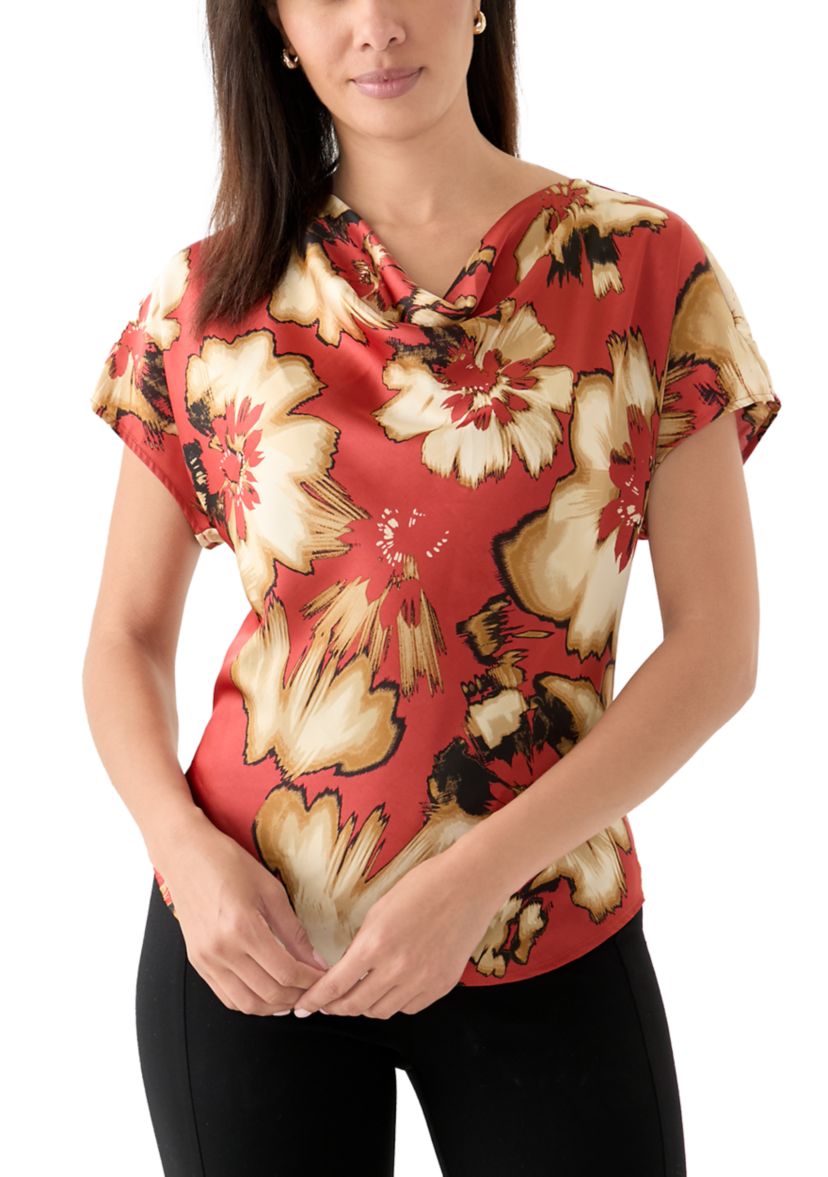 Womens Short Sleeve Printed Cowl Neck Top 