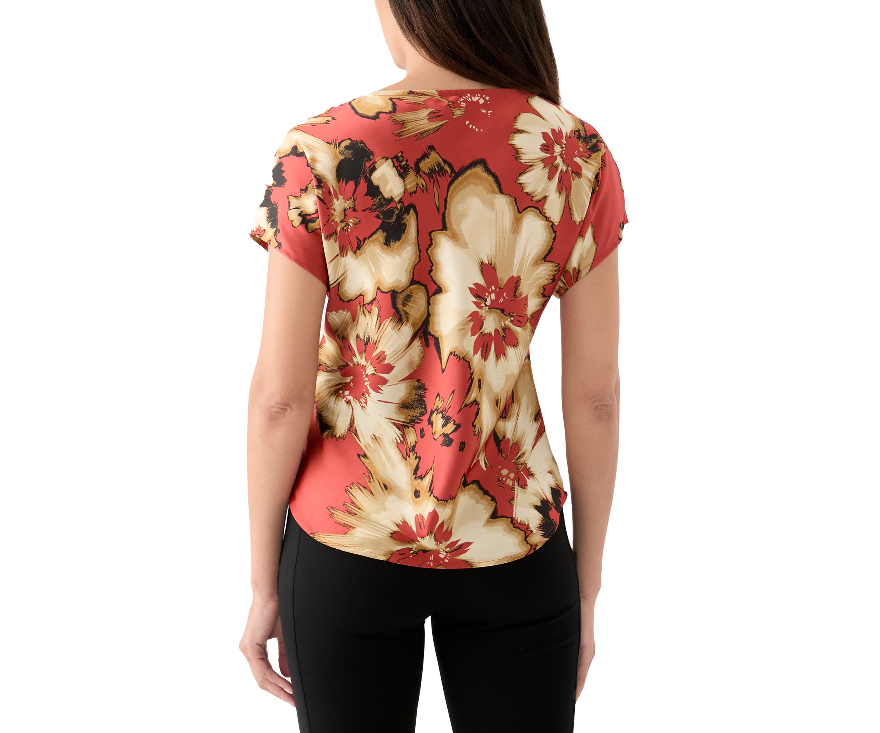 Womens Short Sleeve Printed Cowl Neck Top 