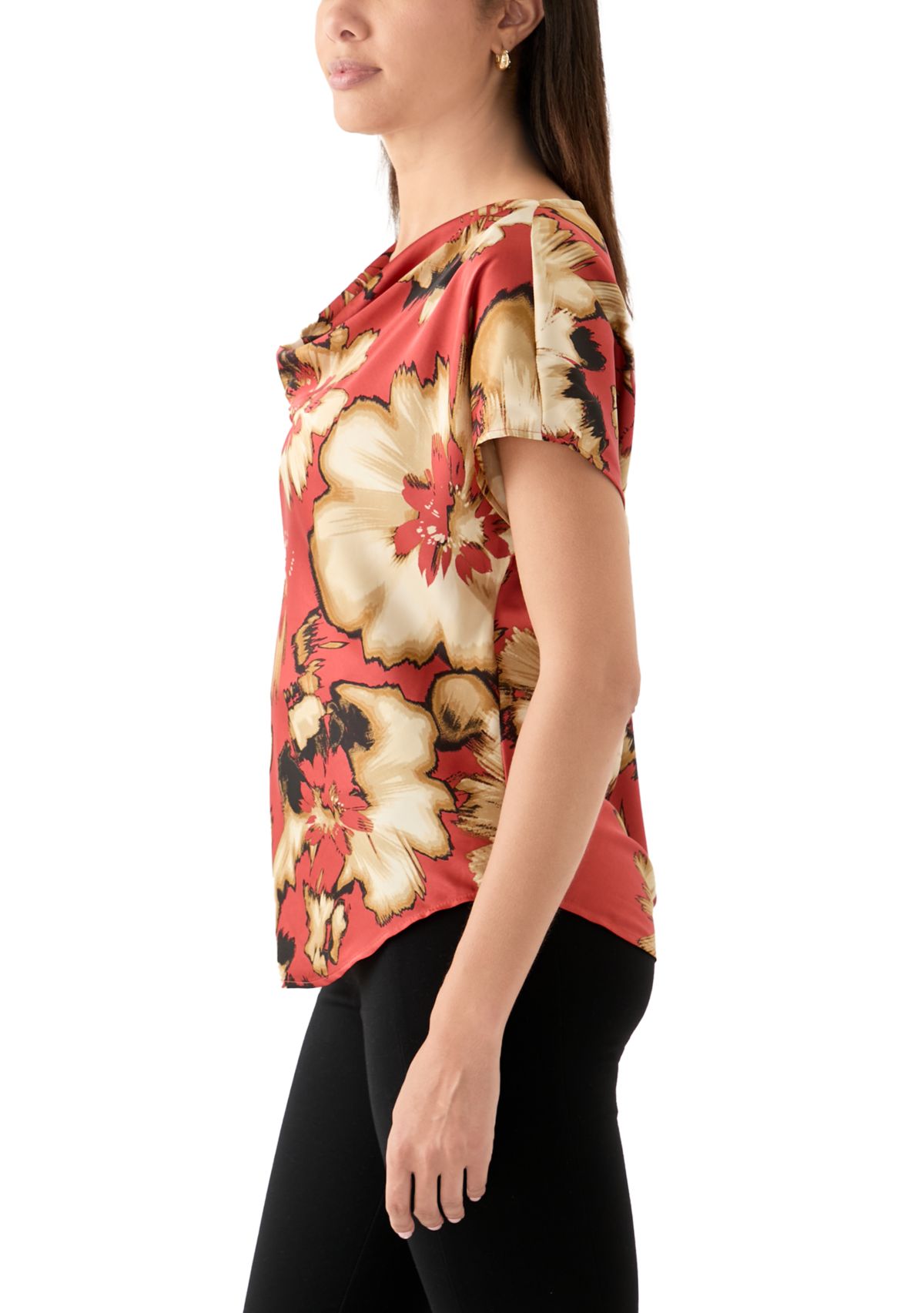 Womens Short Sleeve Printed Cowl Neck Top 