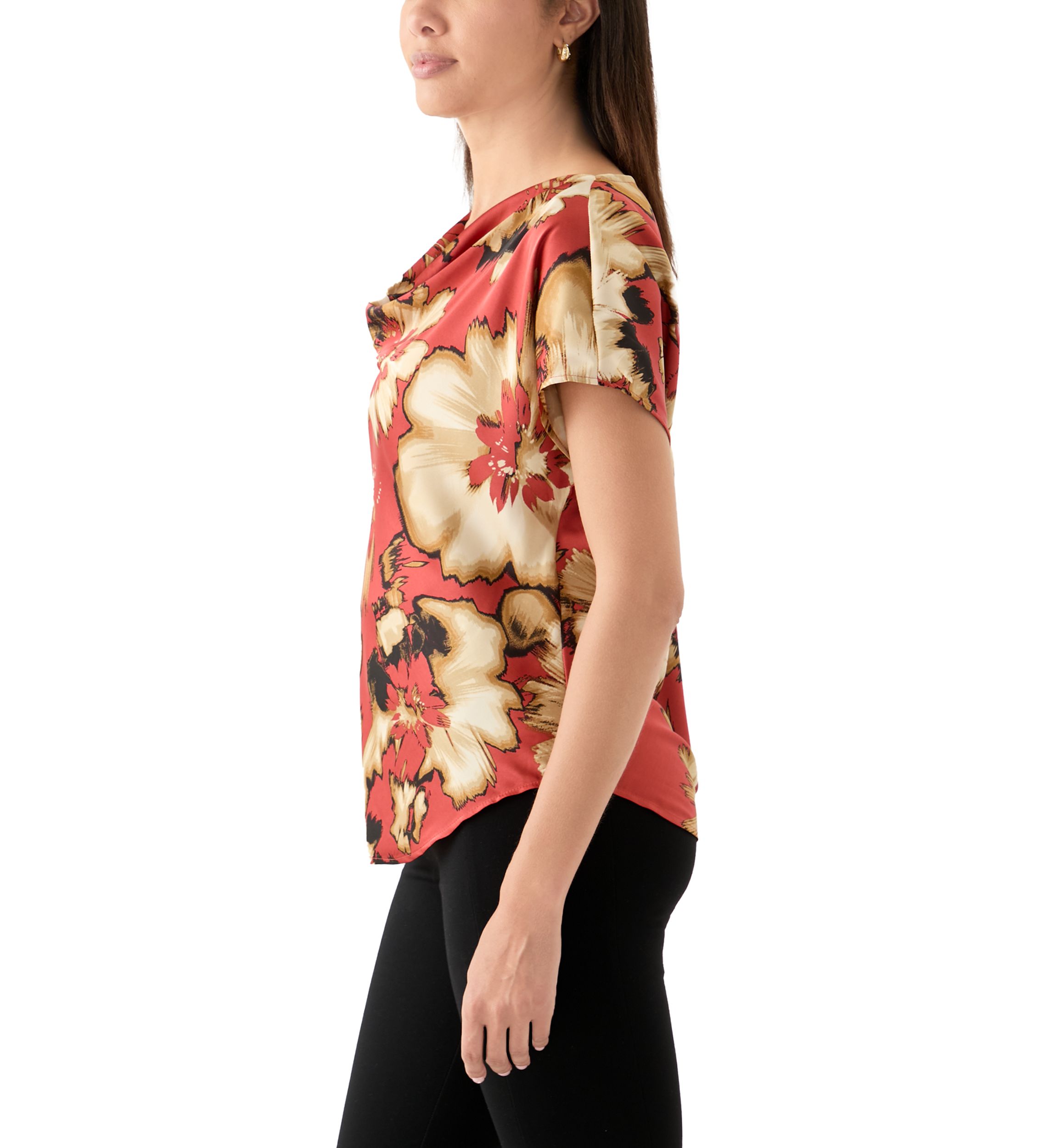 Womens Short Sleeve Printed Cowl Neck Top 