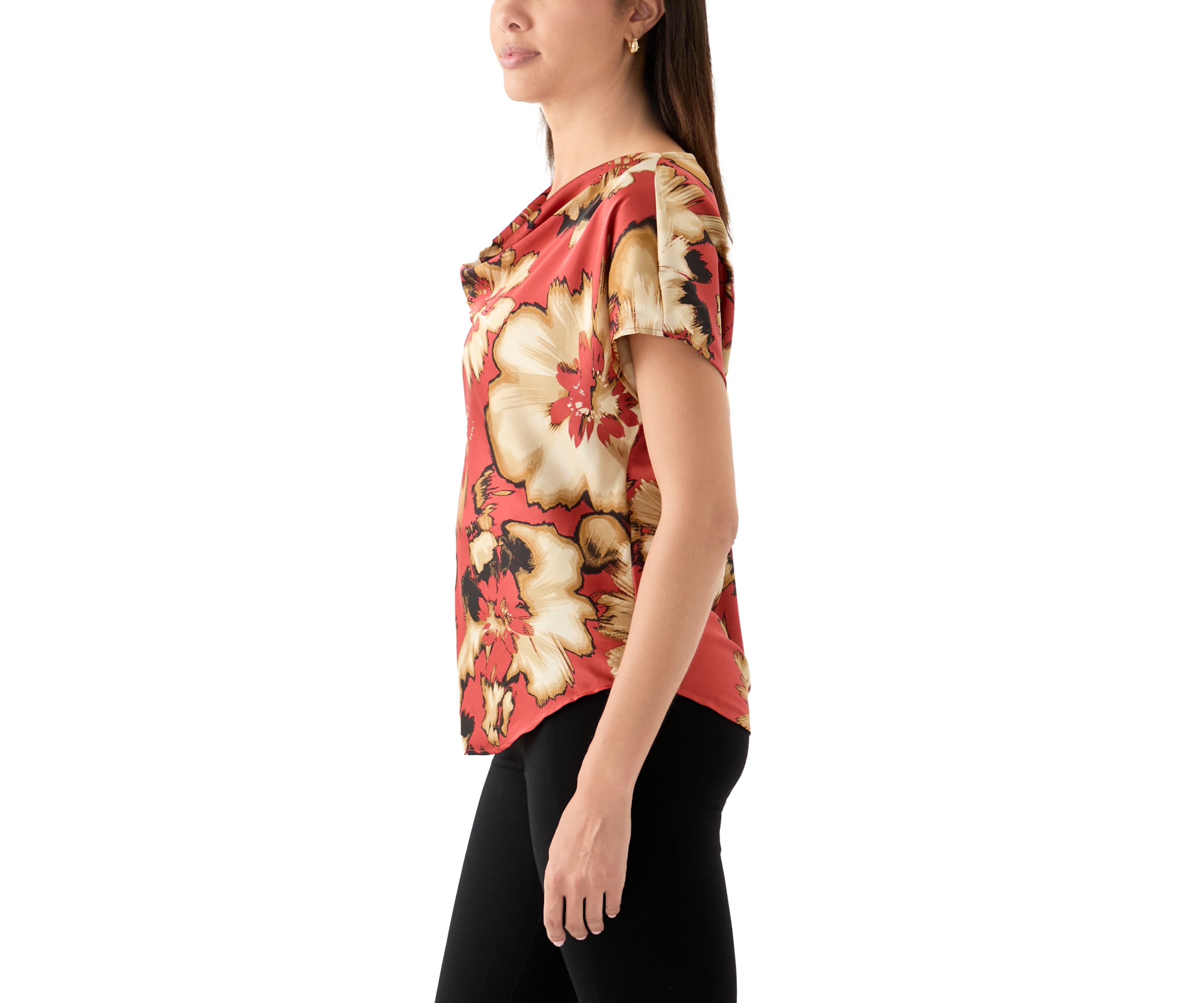 Womens Short Sleeve Printed Cowl Neck Top 