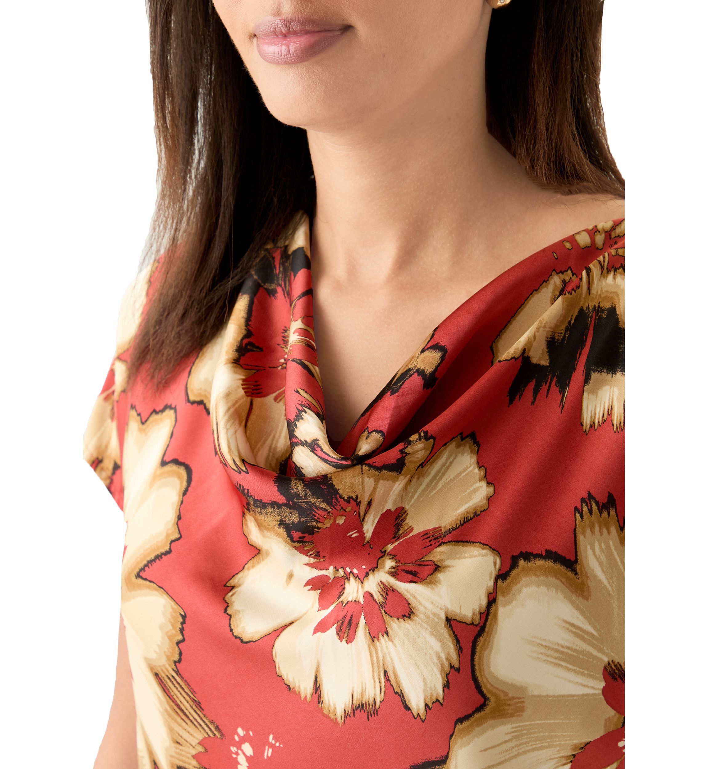 Womens Short Sleeve Printed Cowl Neck Top 