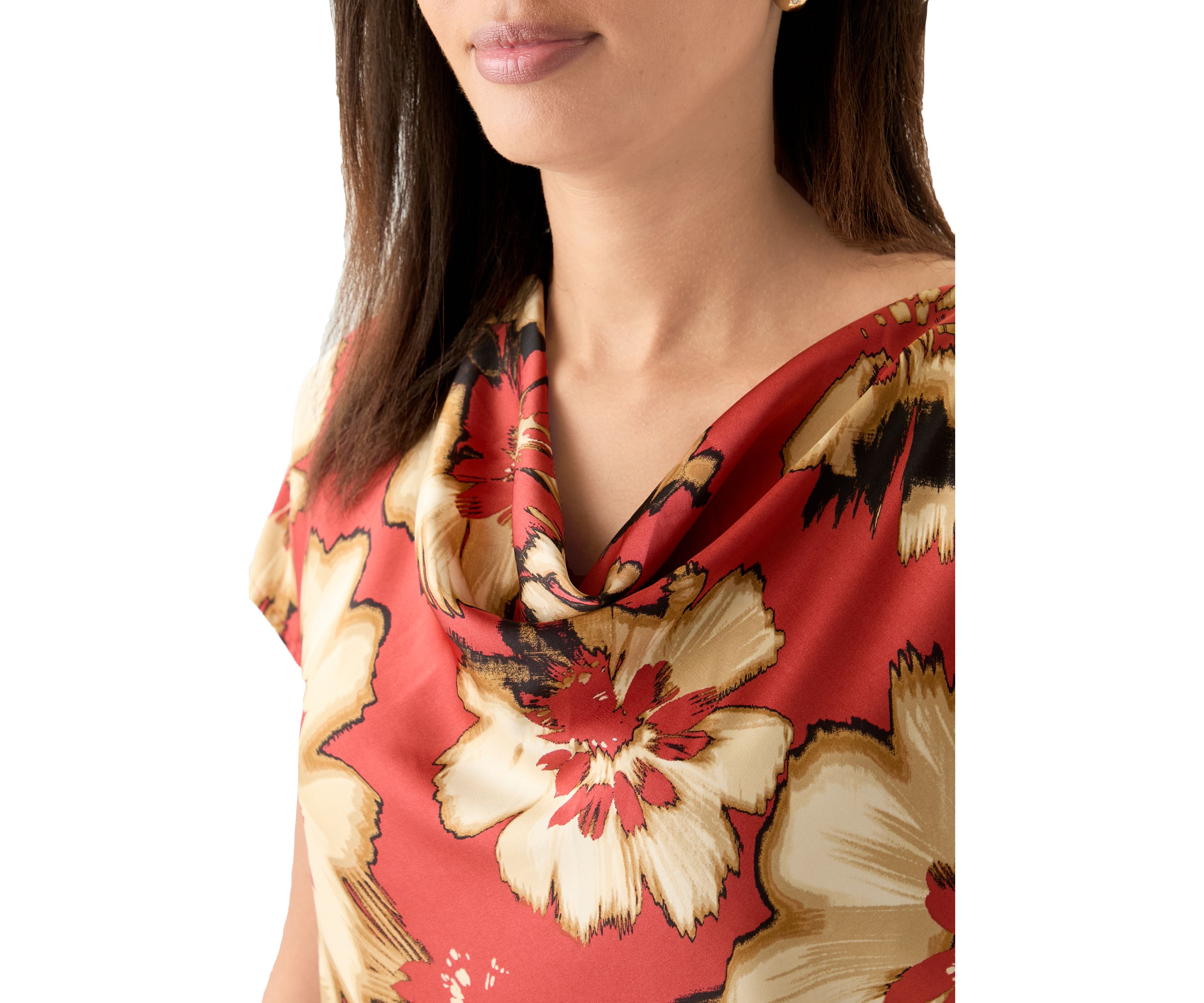 Womens Short Sleeve Printed Cowl Neck Top 