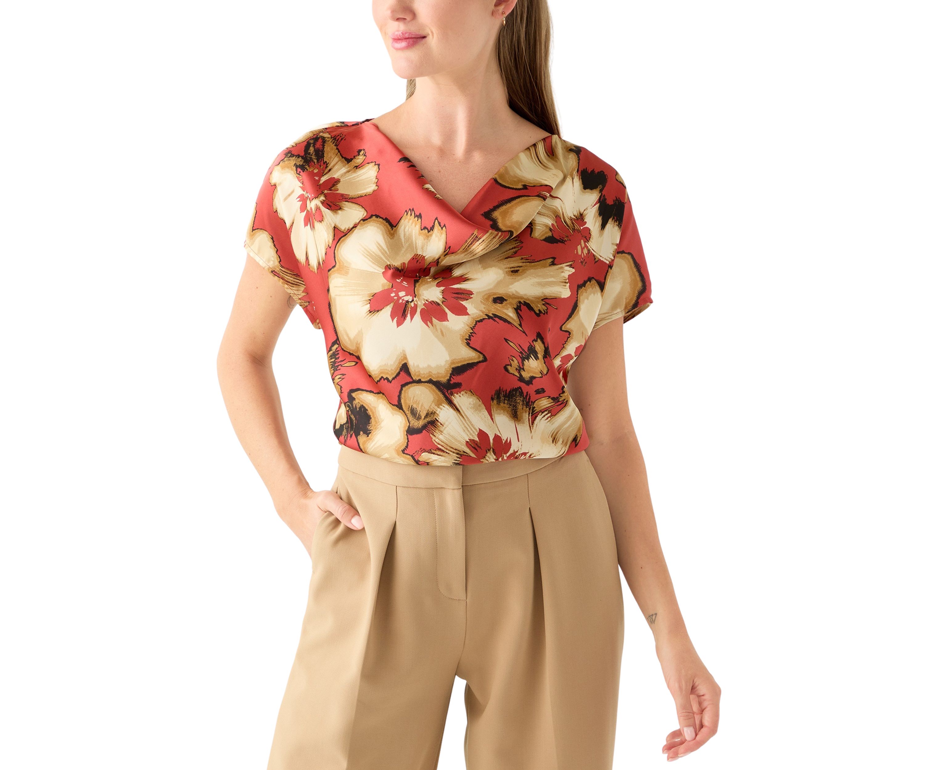 Petite Short Sleeve Cowl Neck Satin Blouse