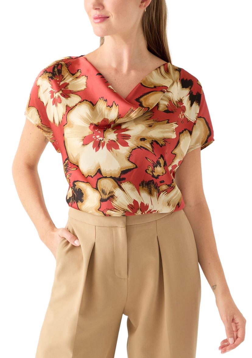 Petite Short Sleeve Cowl Neck Satin Blouse