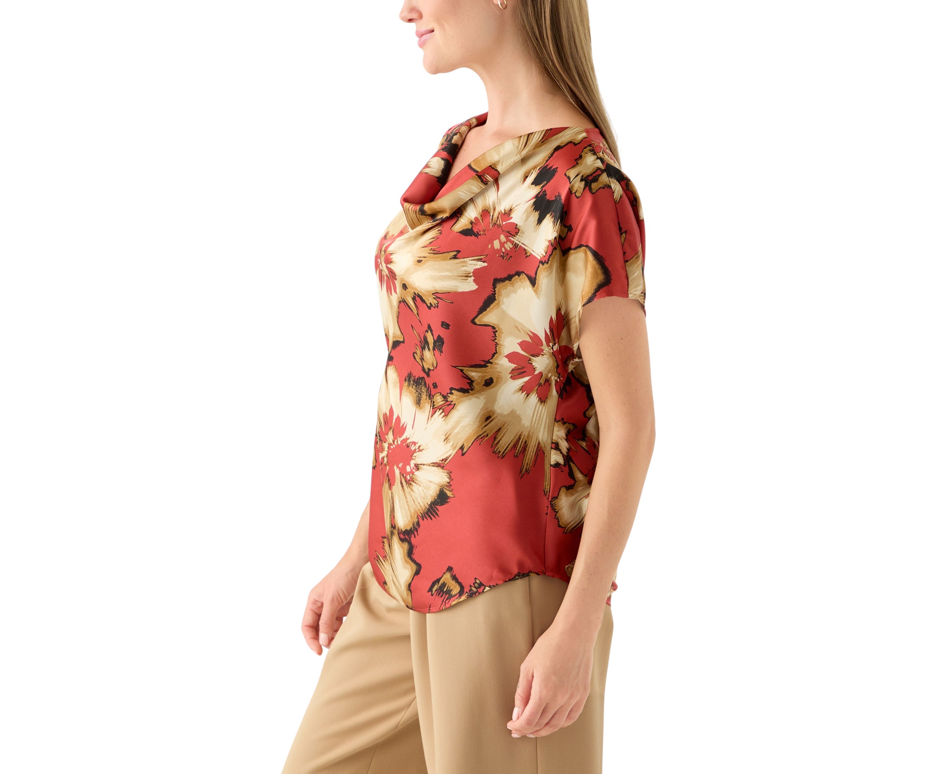 Petite Short Sleeve Cowl Neck Satin Blouse