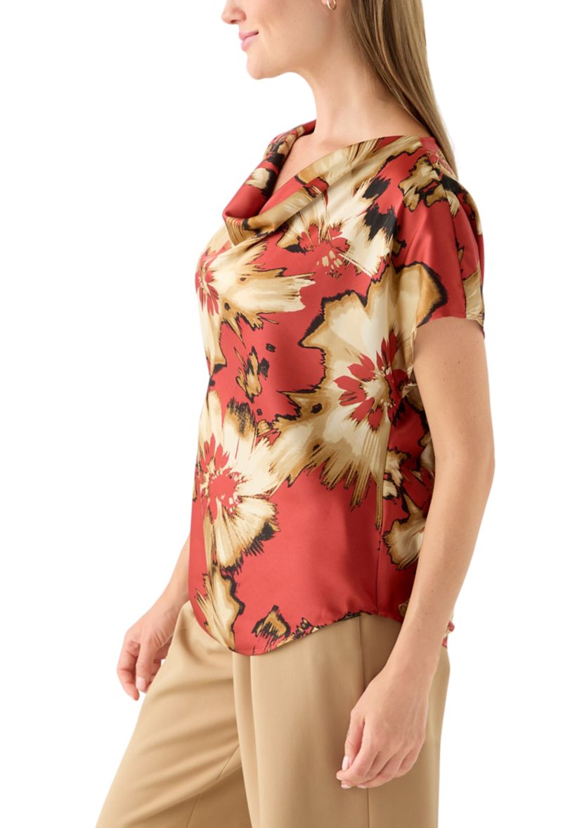 Petite Short Sleeve Cowl Neck Satin Blouse