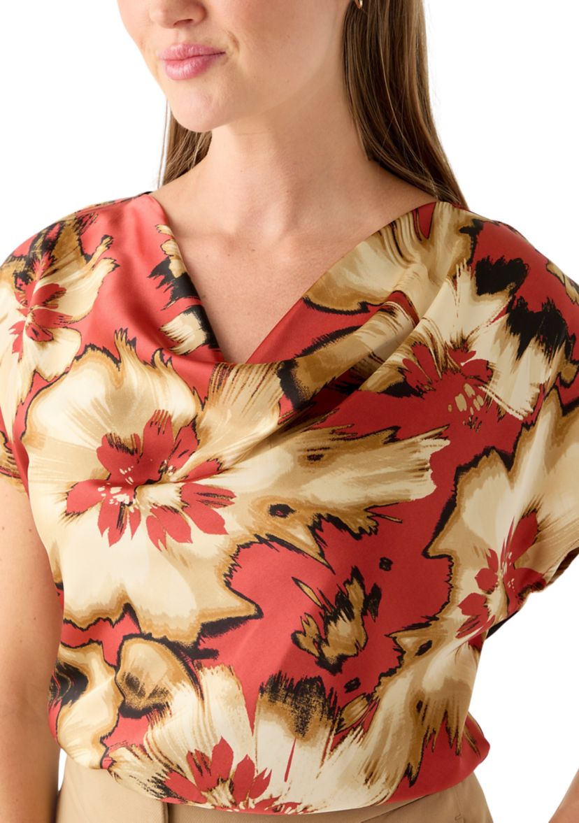 Petite Short Sleeve Cowl Neck Satin Blouse