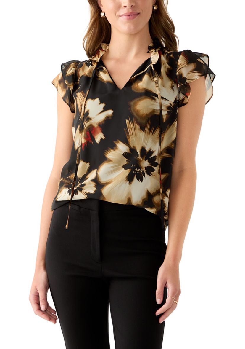 Womens Ruffle Sleeve Tie Blouse
