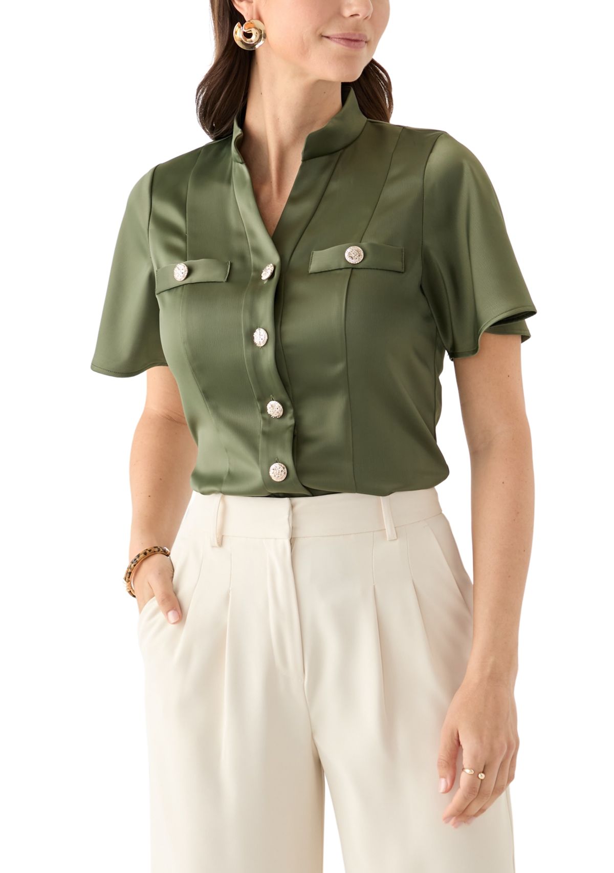 Womens Satin Puff Sleeve Blouse