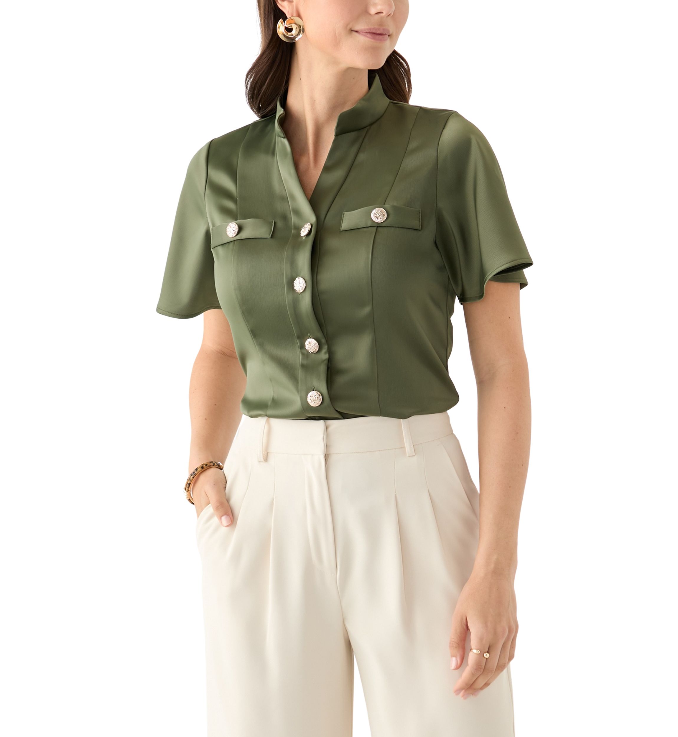 Womens Satin Puff Sleeve Blouse