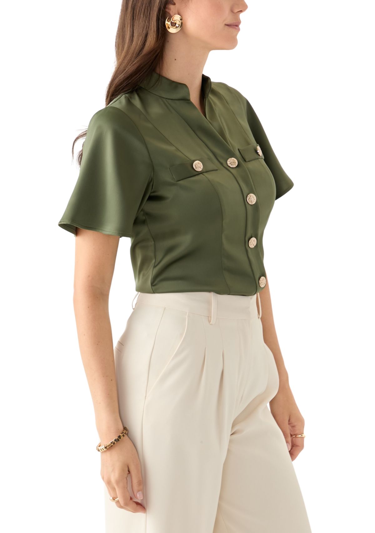 Womens Satin Puff Sleeve Blouse