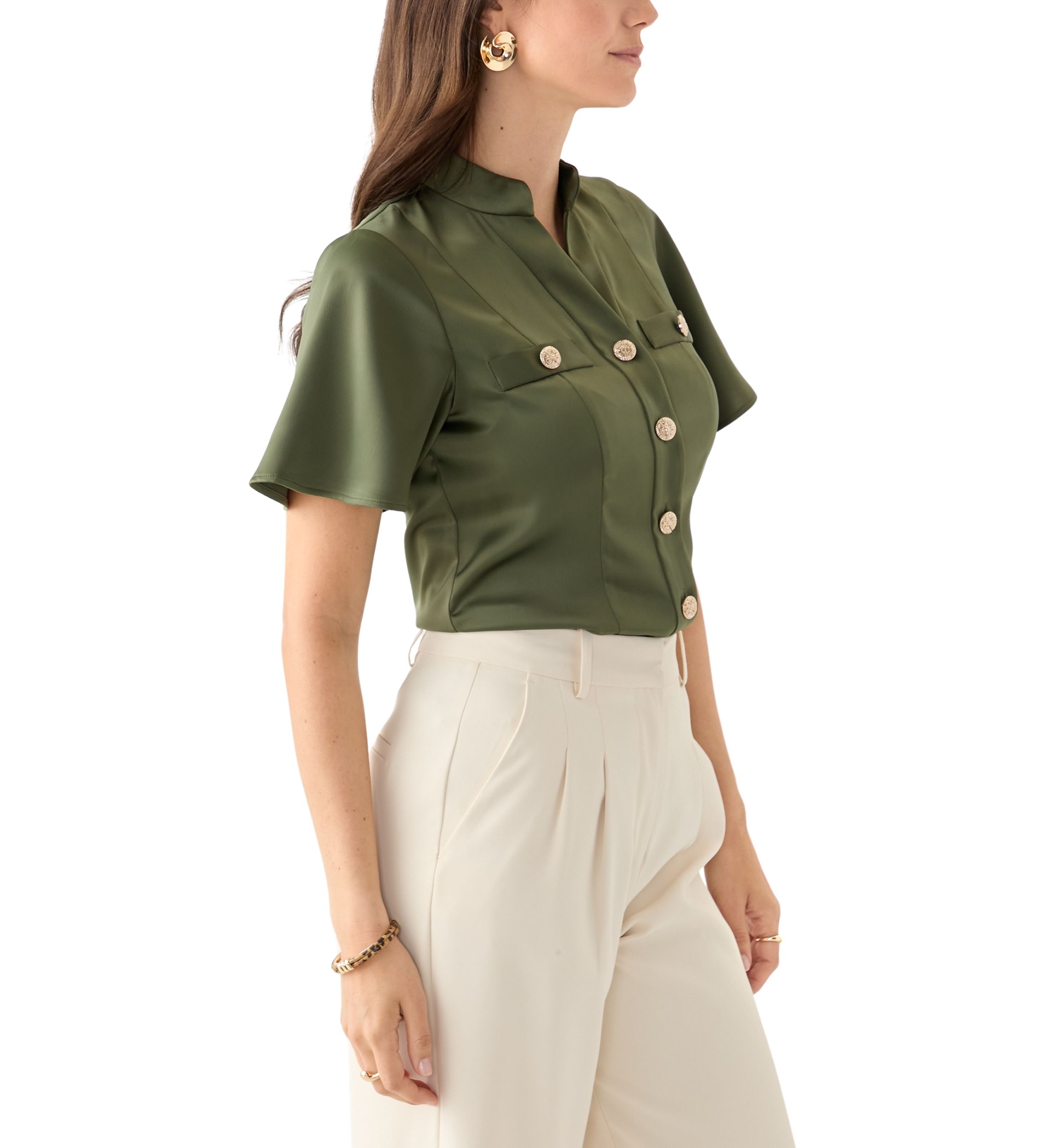 Womens Satin Puff Sleeve Blouse