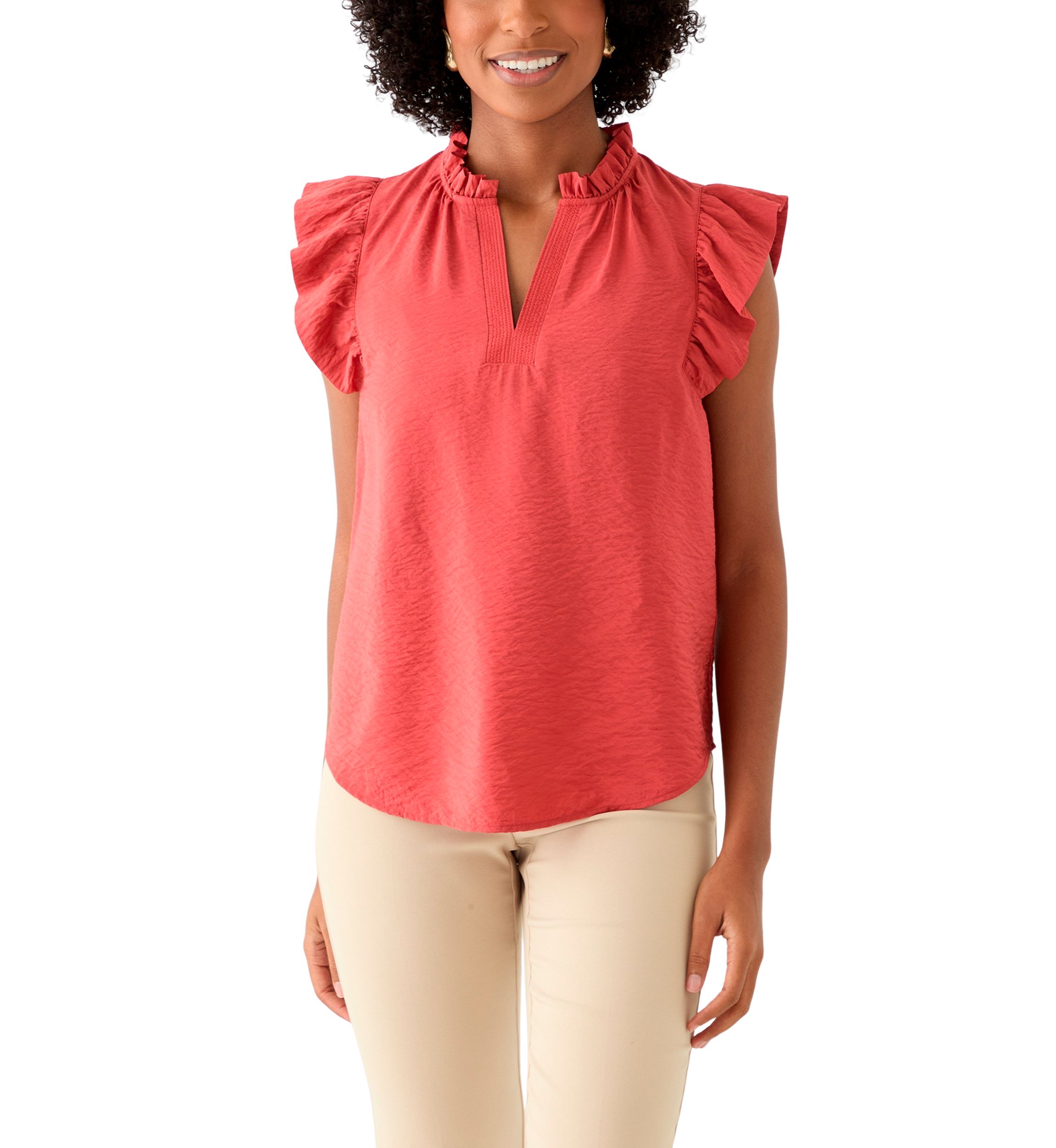 Petite Flutter Sleeve Split Neck Top 