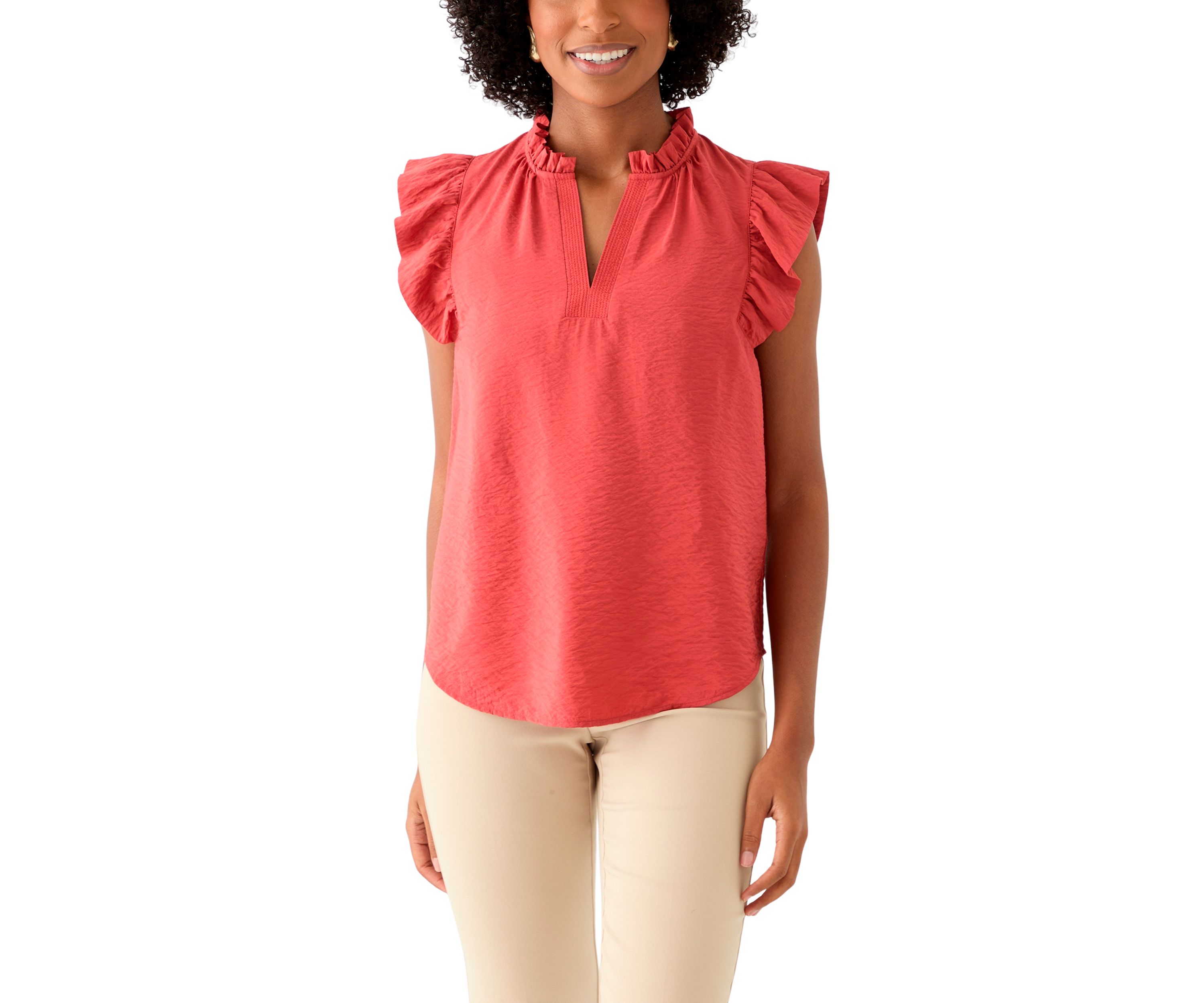 Petite Flutter Sleeve Split Neck Top 